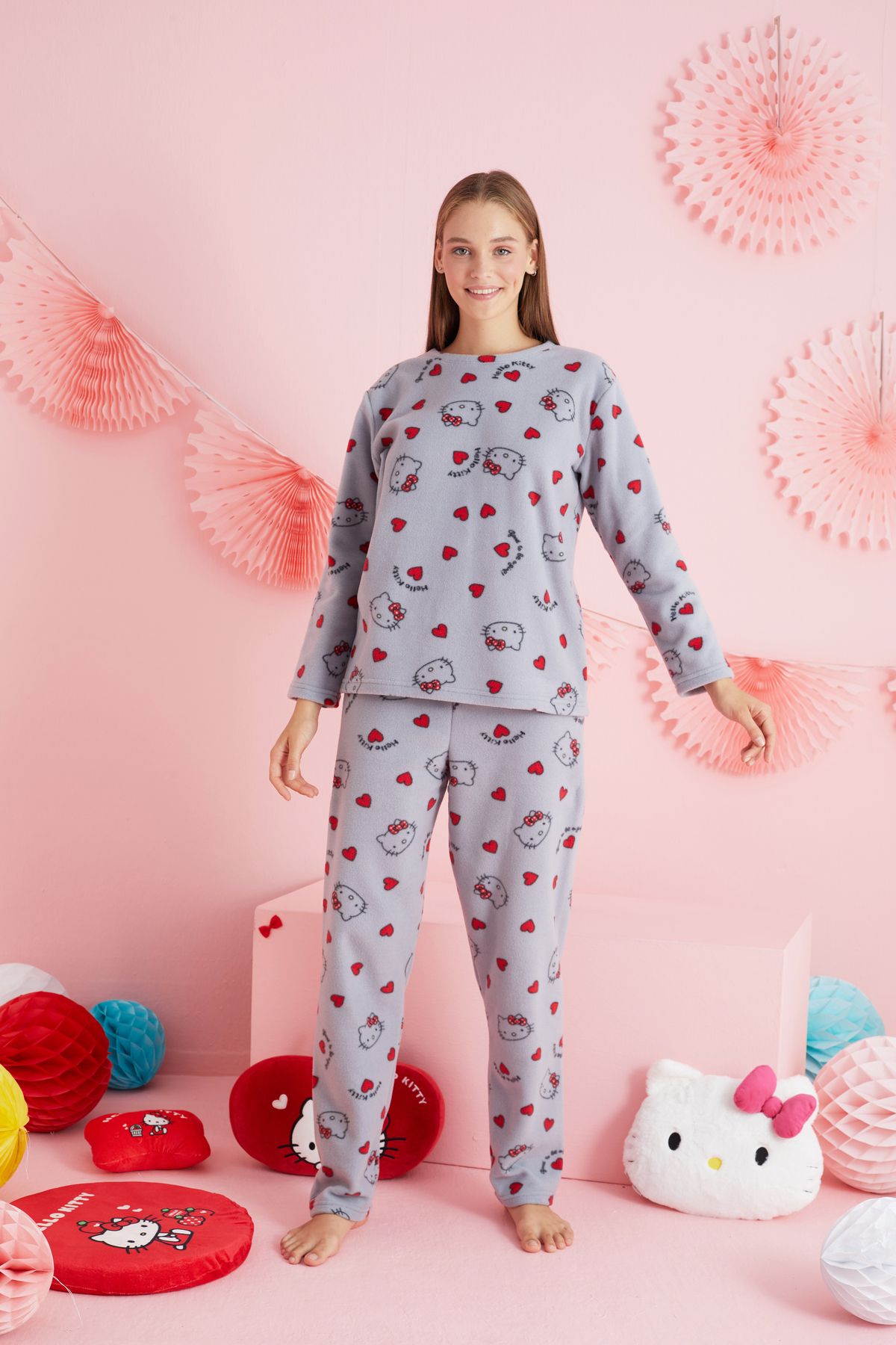 Siyah İnci Hello Kitty Lisanslı Polar Gri Çok Renkli Bisklet Yaka Pijama Takım HK316 görsel 2