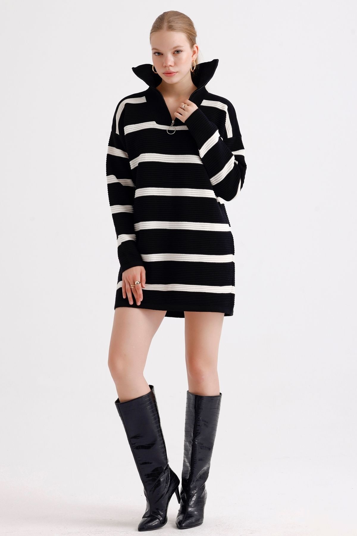 MD trend-Patterned Oversize Striped Knitwear Tunic - Zippered Collar Women's Dress 3