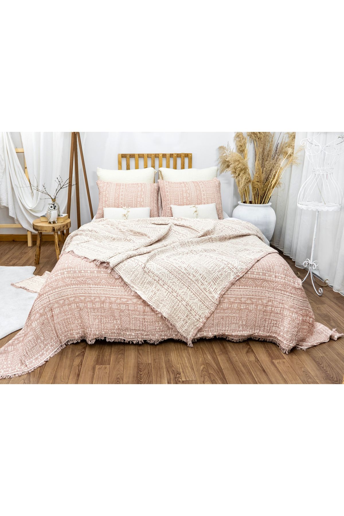 Aztek Desen Battal Boy 240x260cm Yatak Örtüsü/2 Adet 50x70cm Yastık 4 Katlı Multi Muslin %100 Pamuk 3