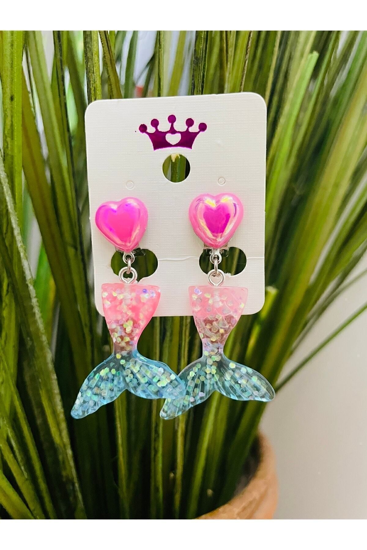 1PARÇAMAVİ-Blue Pink Heart Mermaid Tail Mermarid Clip Children's Earrings - Non-Perforated Ear Earrings 2
