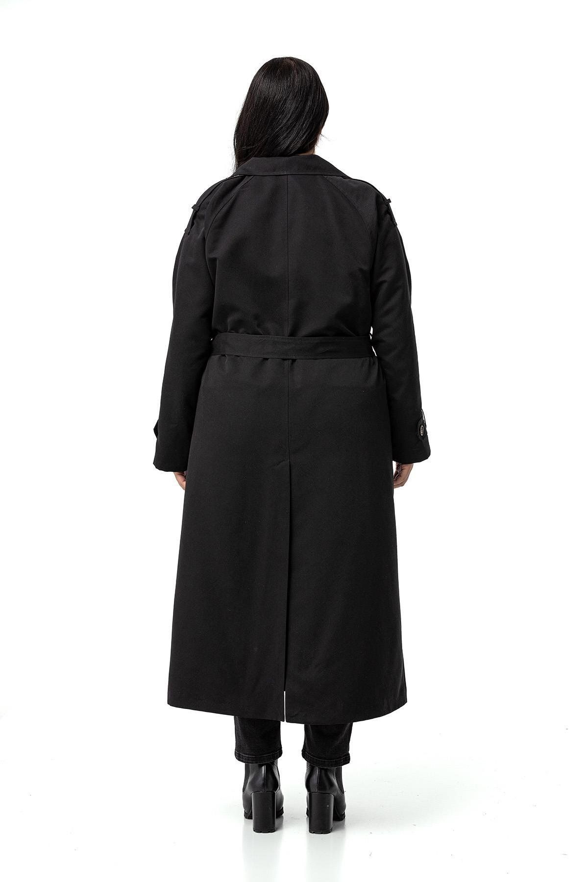 DISENTIS MODEST-Plus Size Black Long Trench Coat - Mono Collar, Double Breasted Closure and Lined 3