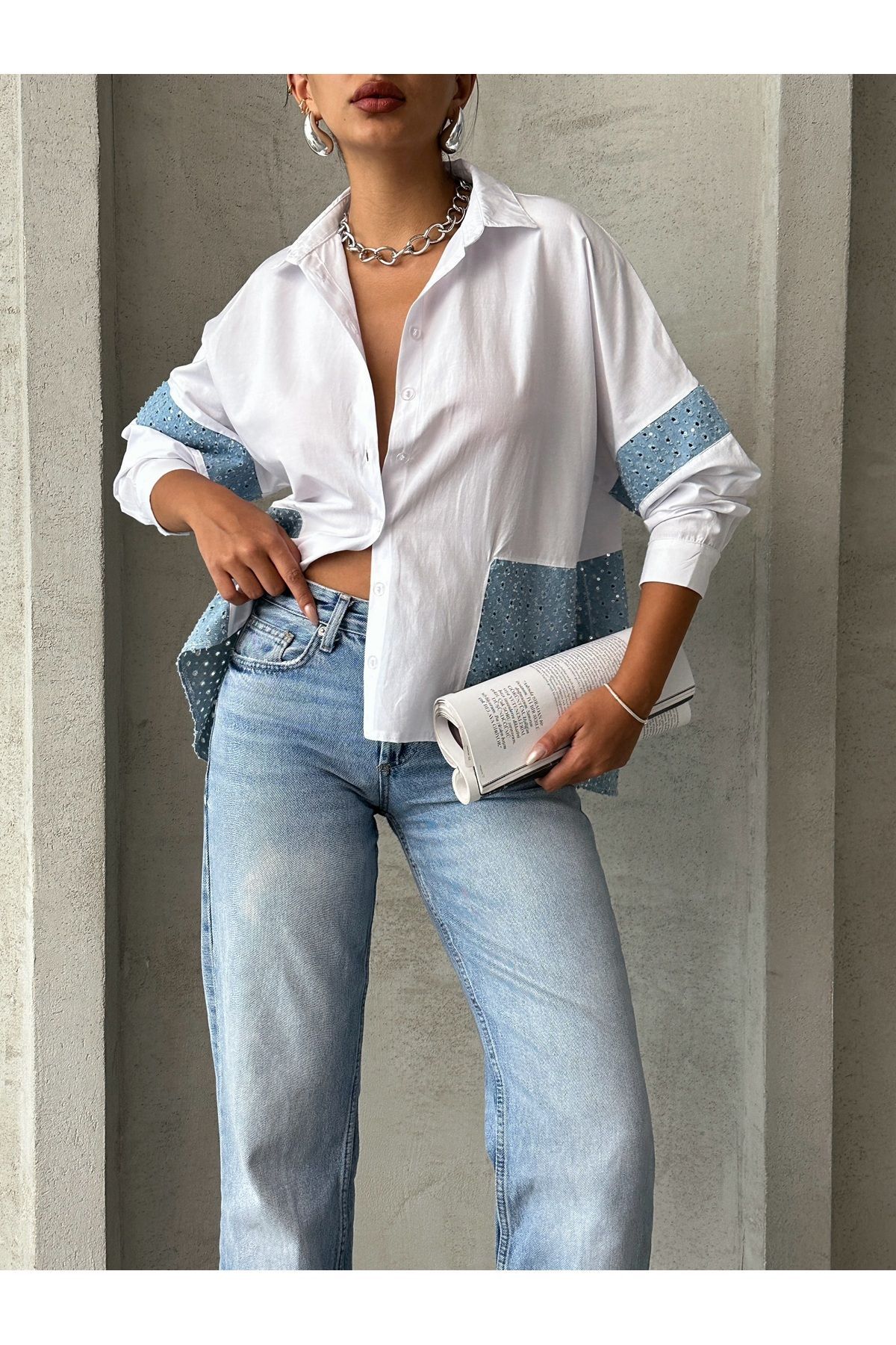 Miss Allos-Cămașă oversize de damă cu broderie cu paiete - mânecă și talie 4
