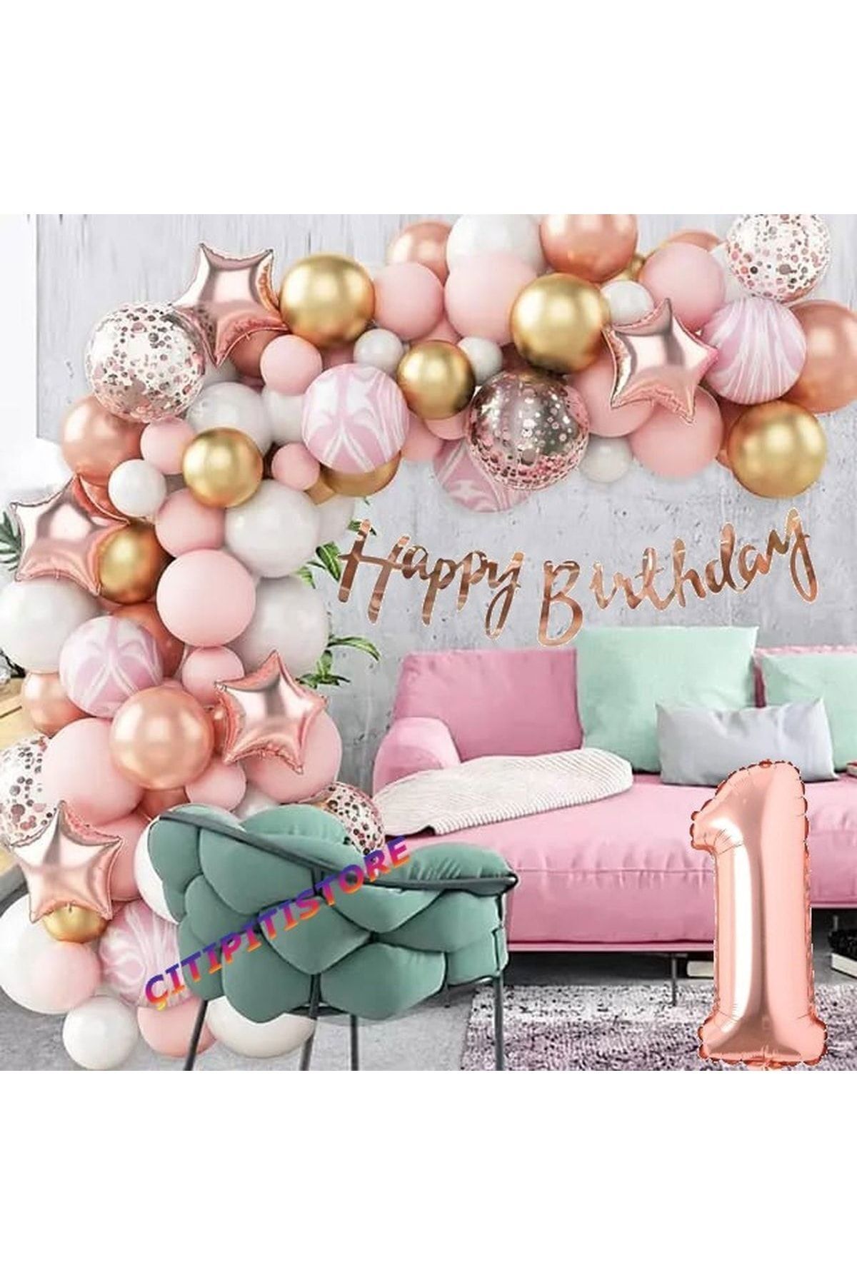 DÜVENCİ TİCARET Çıtıpıtıstore Rose Gold Lu 1 Yaş Doğum Günü Balon Zincir Set