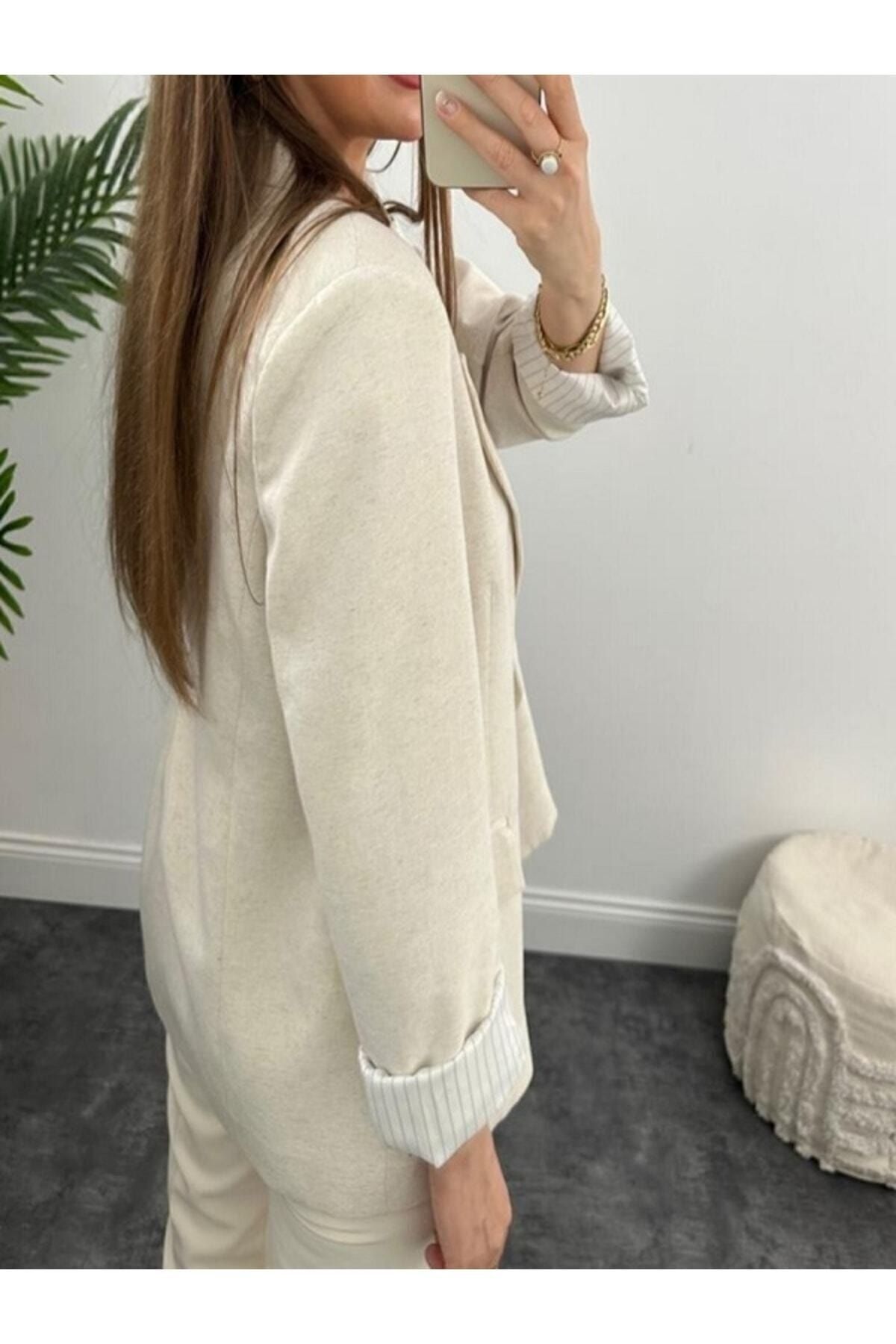 Fast Perry  Içi Marin Astarlı Naturel Keten Yumuşak Blazer Ceket - Görsel 3