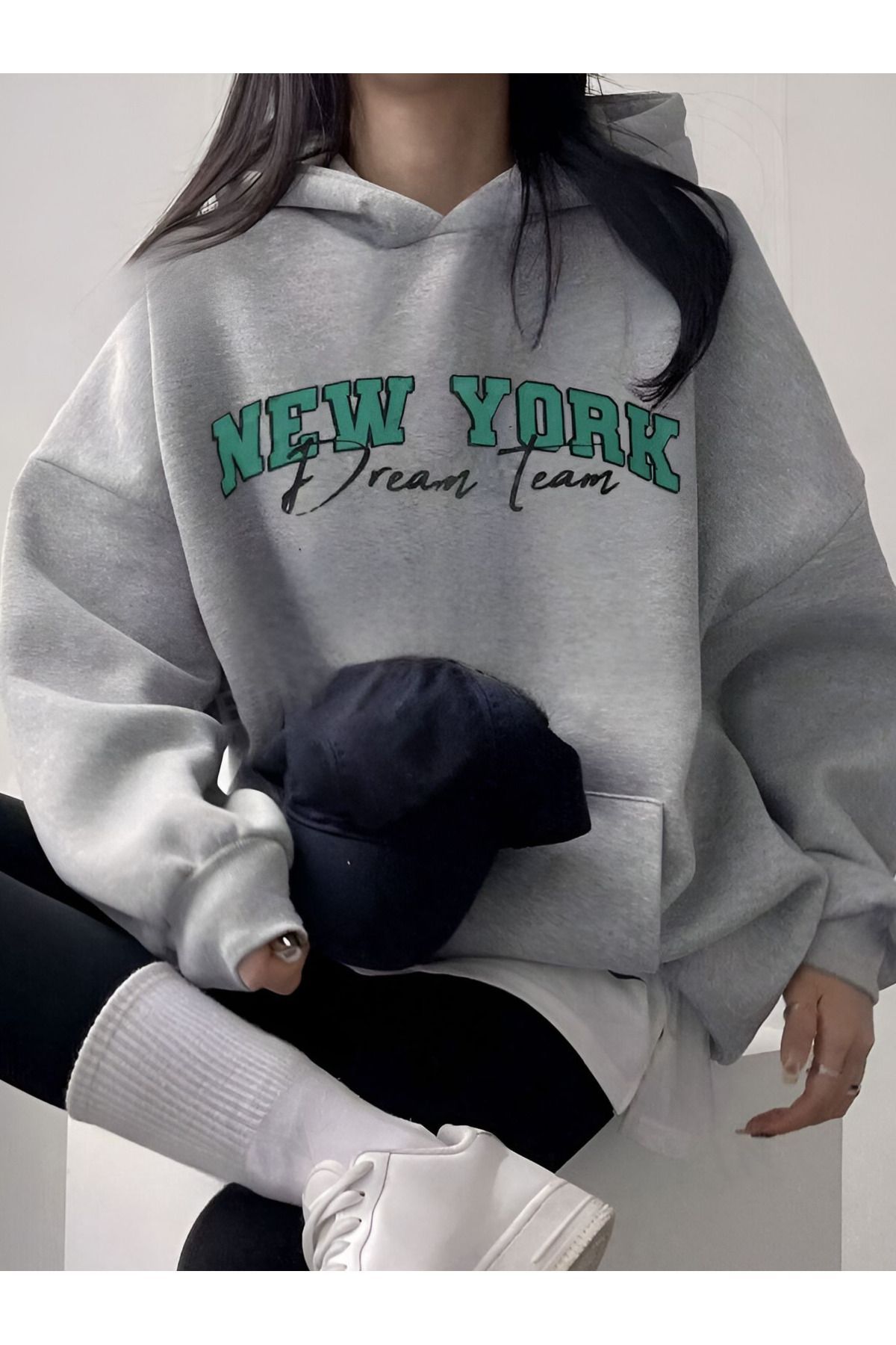 trendgar-Trendclothıng New York Printed Hooded Gray Sweatshirt 1