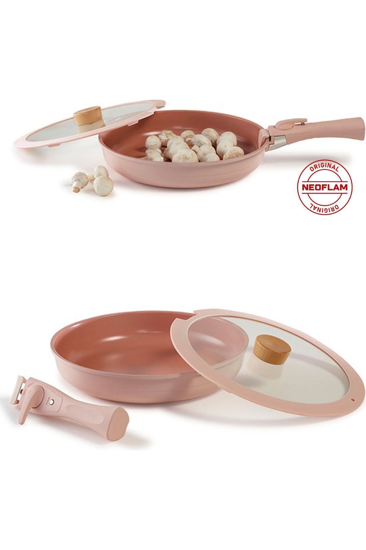 NEOFLAM-Midas Pink 12 Piece (With Spare Handle) Interlocking Induction Pot and Pan Set with Detachable Handle 5