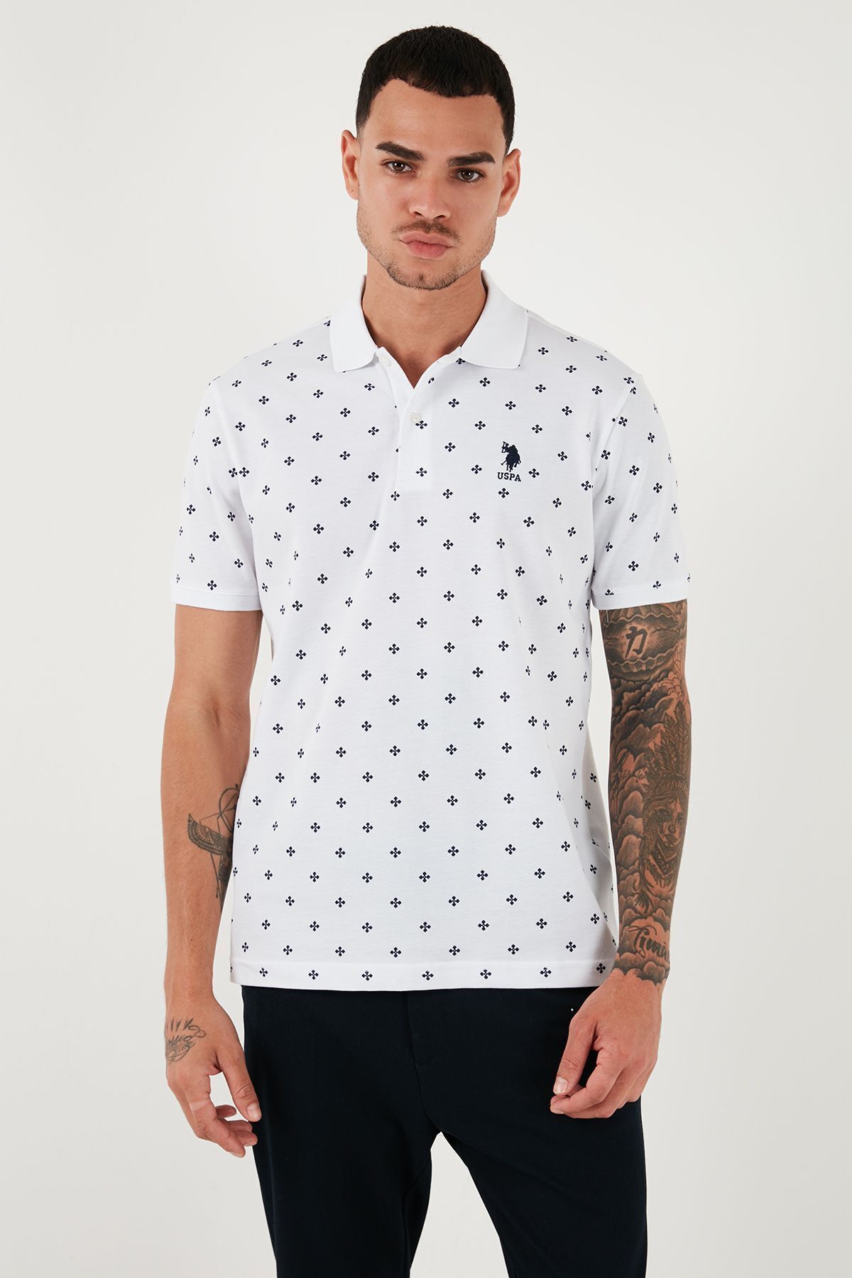 تی شرت یقه پولو سفید مردانه پایه پنبه چوگان به طور منظم تناسب YAKA U.S. Polo Assn.