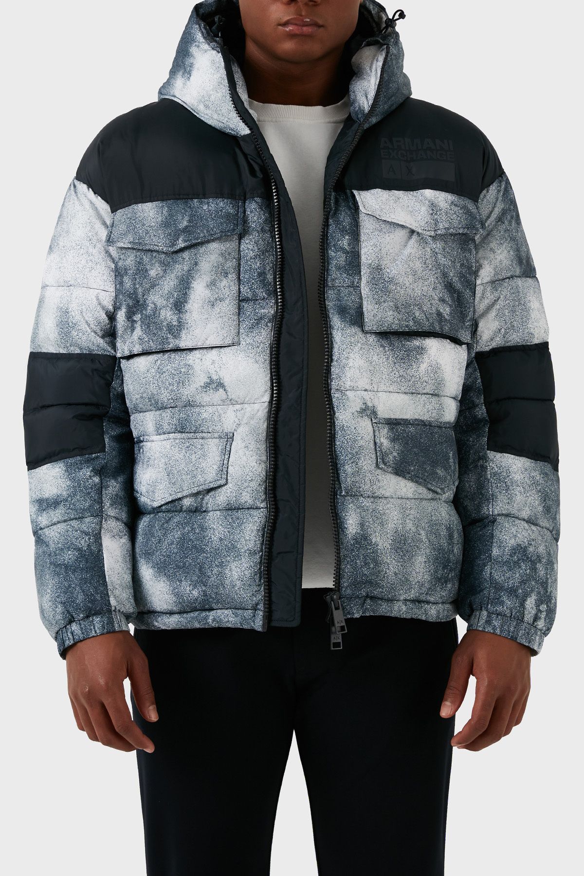 کت پف دار کلاهدار طرح دار مردانه کت 6RZK30 ZNKRZ 21CS Armani Exchange