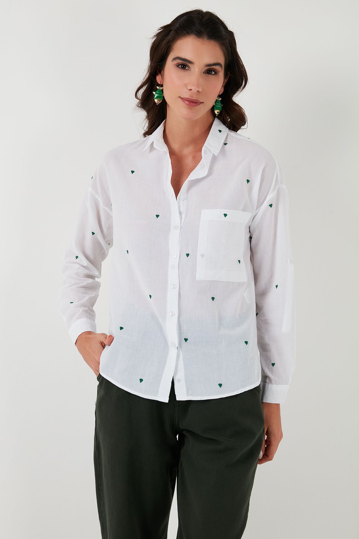 Lela-Heart Embroidered 100% Cotton Pocket Regular Fit Shirt SHIRT51430393 4