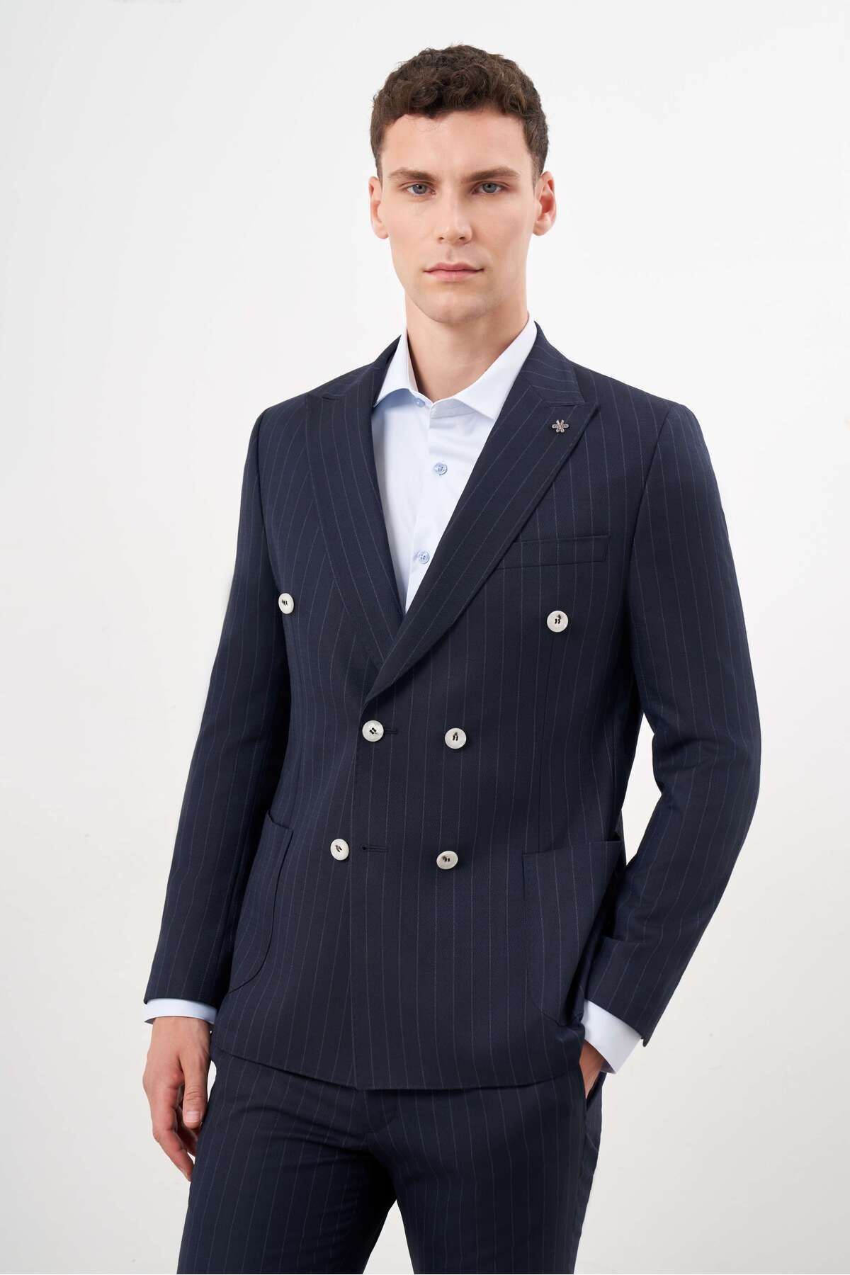 costume homme bleu marine en polyviscose trend à double boutonnage slim fit à col pointu