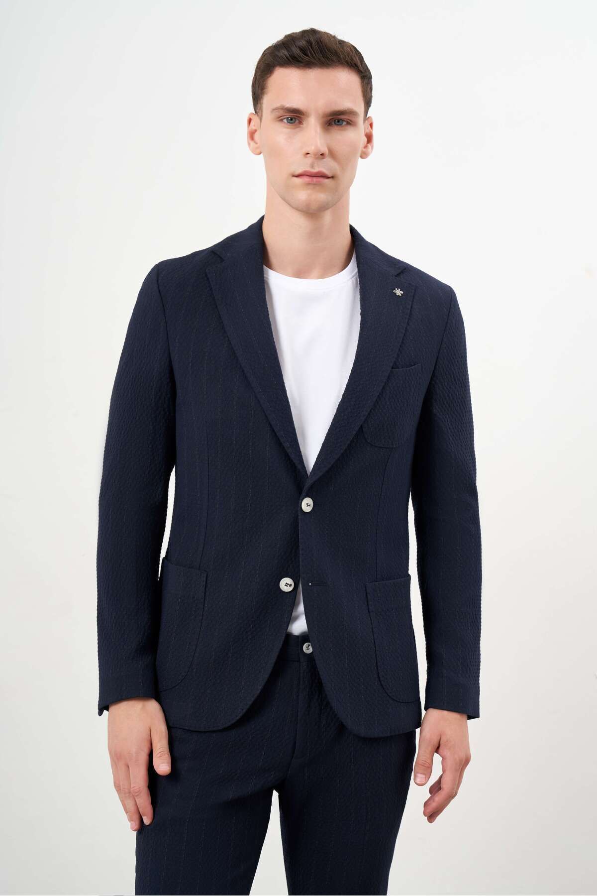 costume homme bleu marine polyviscose trend striped pattern slim fit mono collar