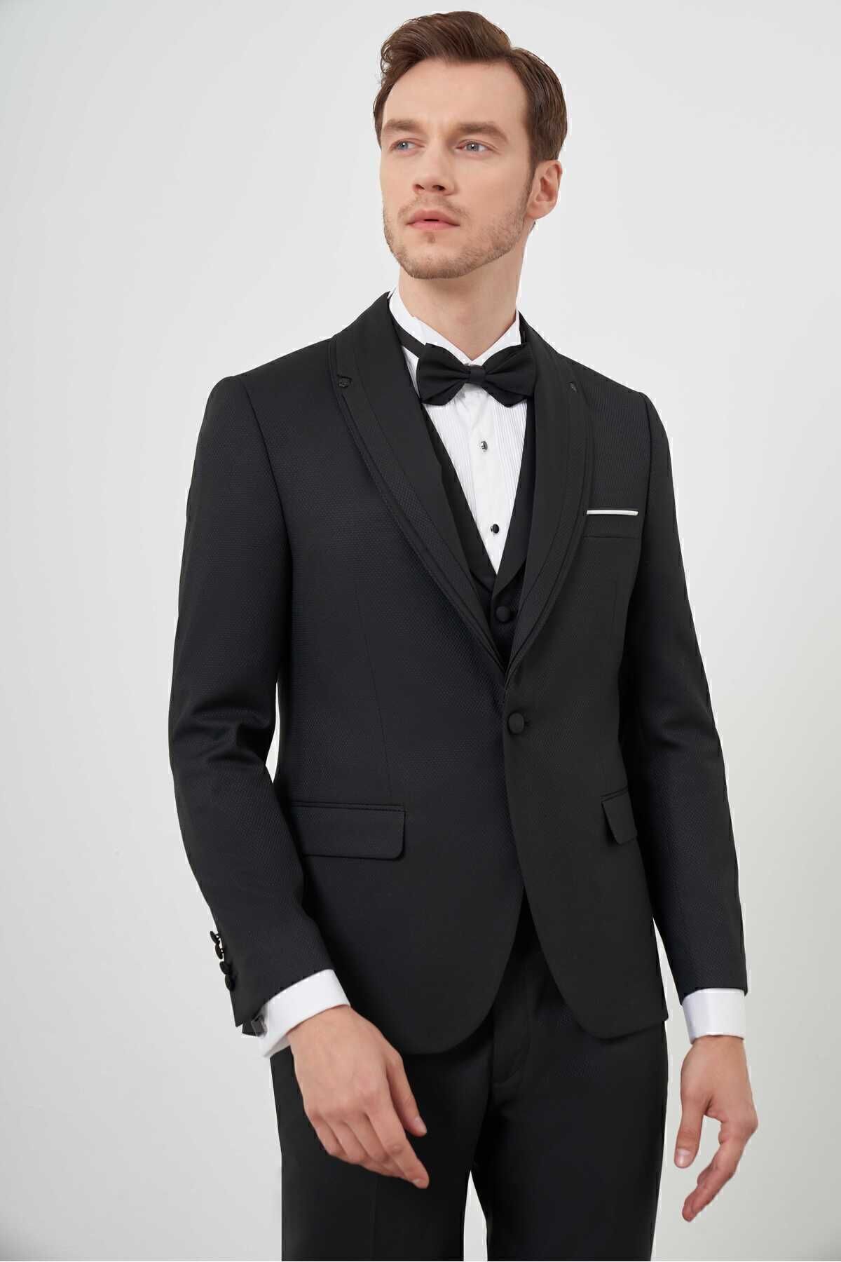 اسموکینگ مشکی مردانه الگوی سیاه و سفید SLIM FIT Morven