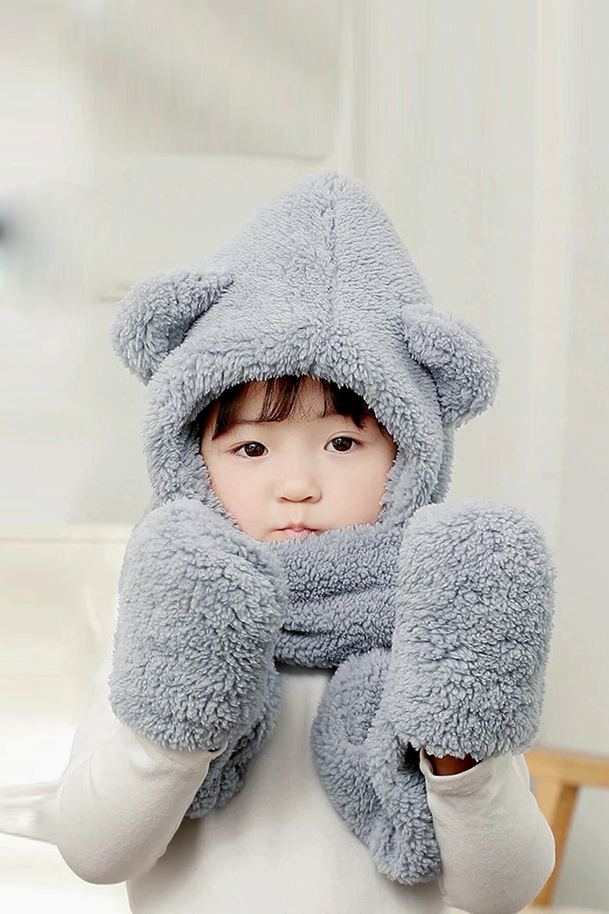 Bundeba-Gray Children's Hooded Plush Beanie Scarf Gloves Welsoft Neck Collar Windproof Hat with Ears 3
