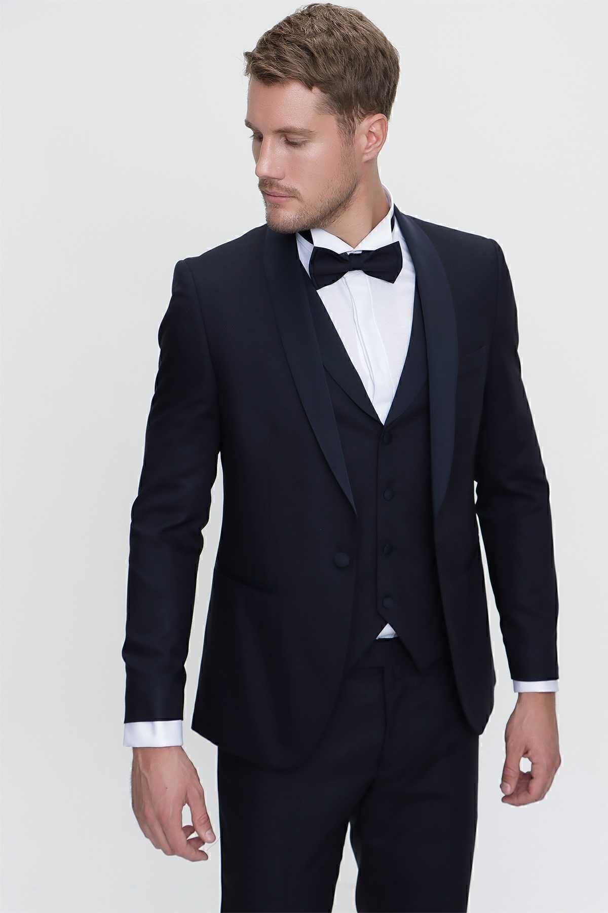 اسموکینگ آبی مردانه NAVY SLIM FIT داماد برش باریک Morven