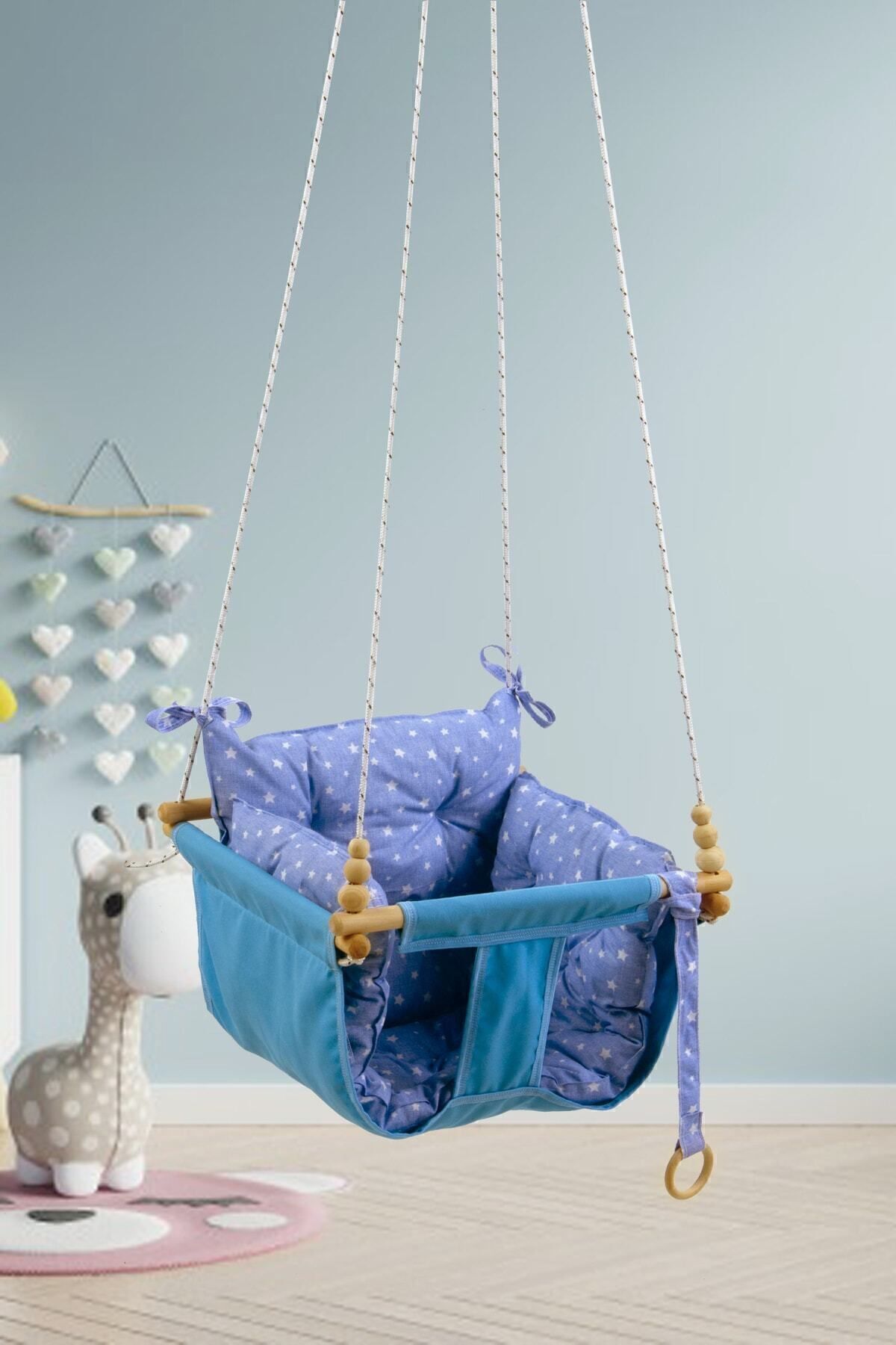 Mavi Wag Swing Çocuk Ahşap Salıncak Bebek Hamak Ev Tavan Bahçe Salıncağı