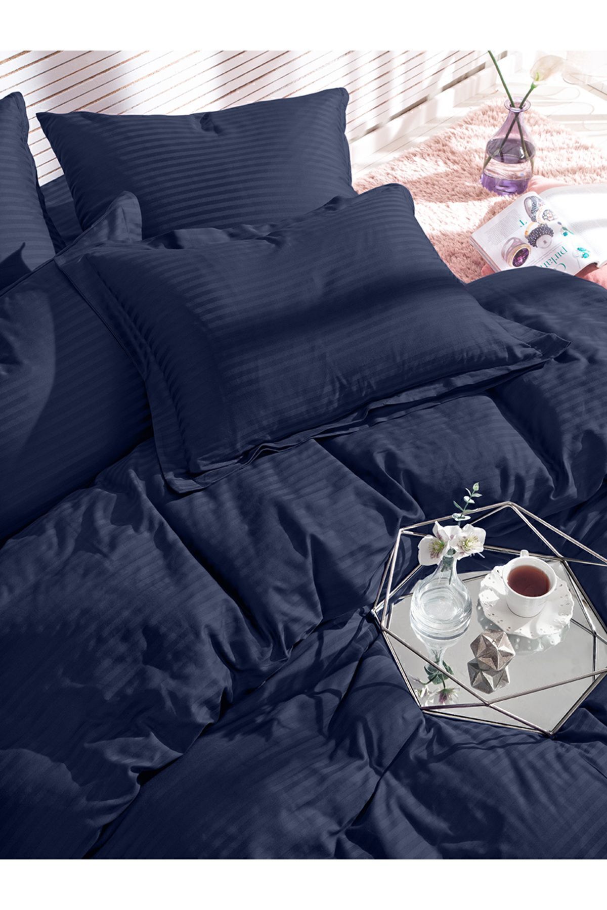 کاور لحاف دو نفره آبی نوار دوتایی ساتن پنبه ای راه راهرو رنگ Karna Home