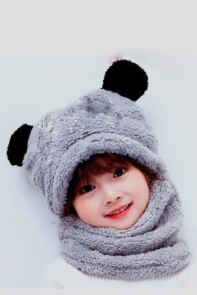 Bundera Panda Gri Çocuk Kapşonlu Peluş Bere Atkı Welsoft Boyunluk Rüzgar Geçi...