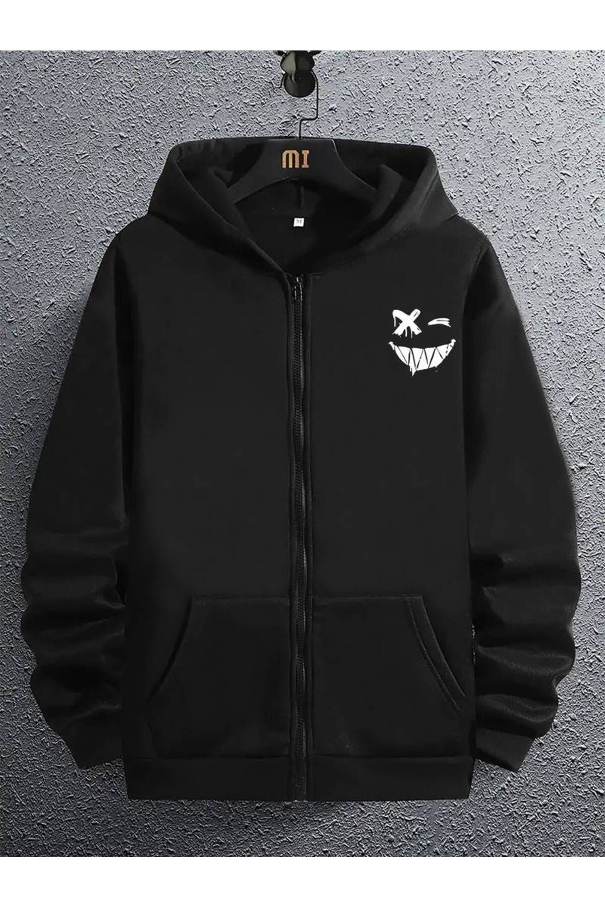Gülümseyen Yüz Baskılı kapşonlu Sweatshirt hırka — مشکی gülensuratas