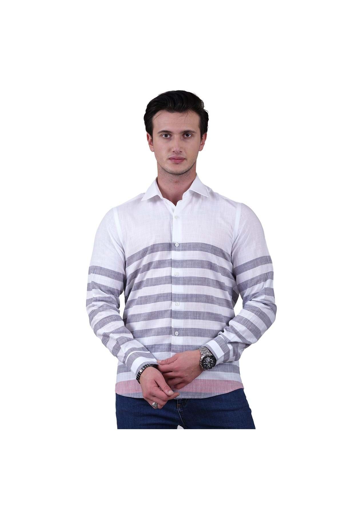 Exve Exclusive-White with Gray Stripes and Red Finish Special Cut Cotton Linen Slim Fit Men's Shirt 3