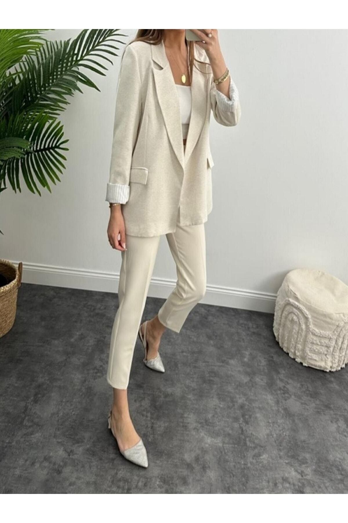 Fast Perry  Içi Marin Astarlı Naturel Keten Yumuşak Blazer Ceket - Görsel 5