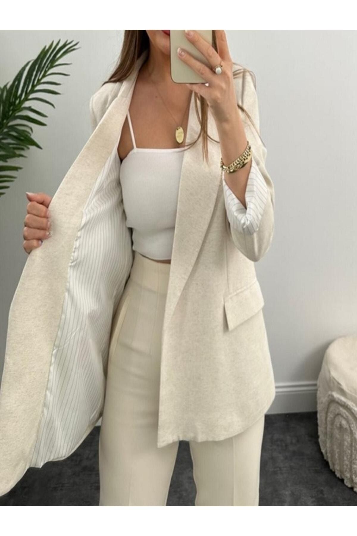 Fast Perry  Içi Marin Astarlı Naturel Keten Yumuşak Blazer Ceket - Görsel 4