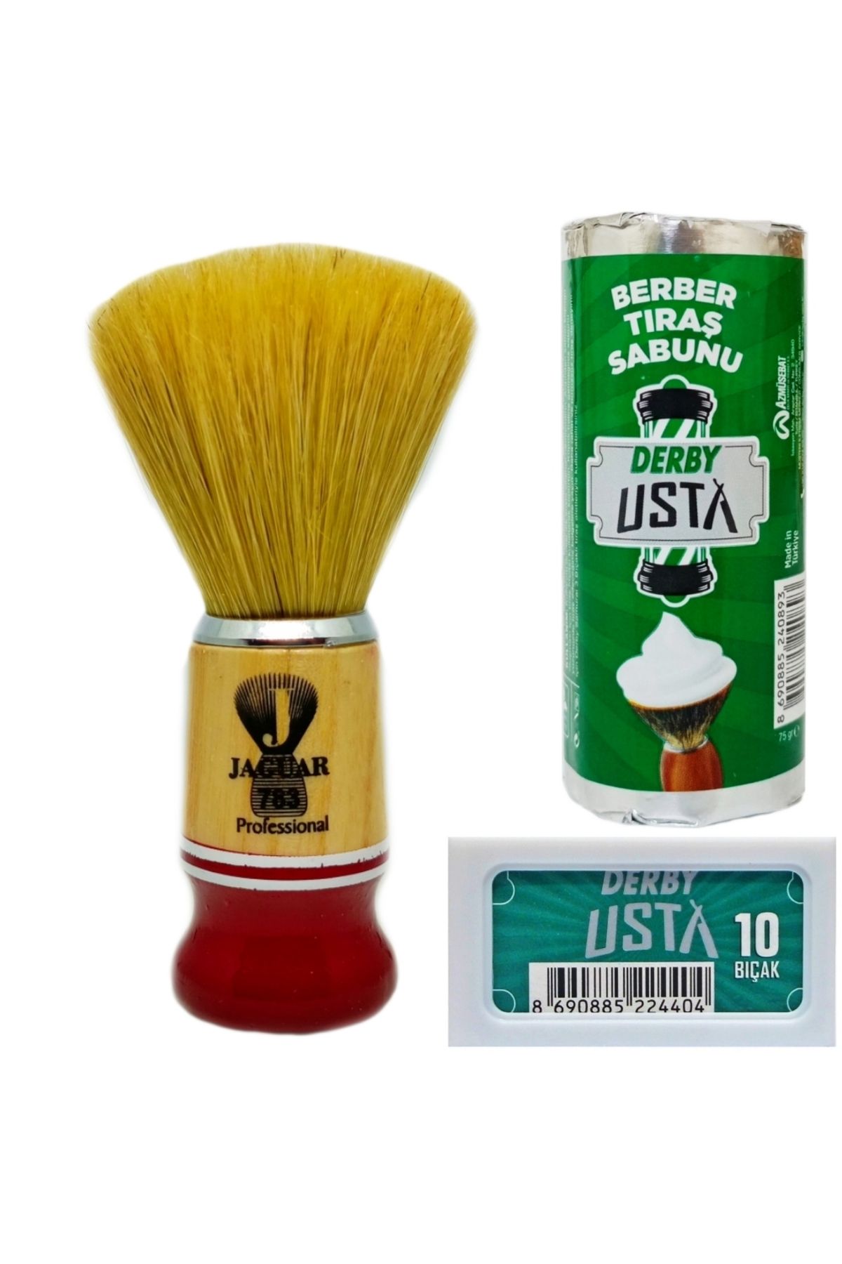 Jaguar Ahşap Saplı Doğal Kıl Tıraş Fırçası Jaguar 783. Derby Usta Tıraş Sabunu, 10'lu Jilet Set