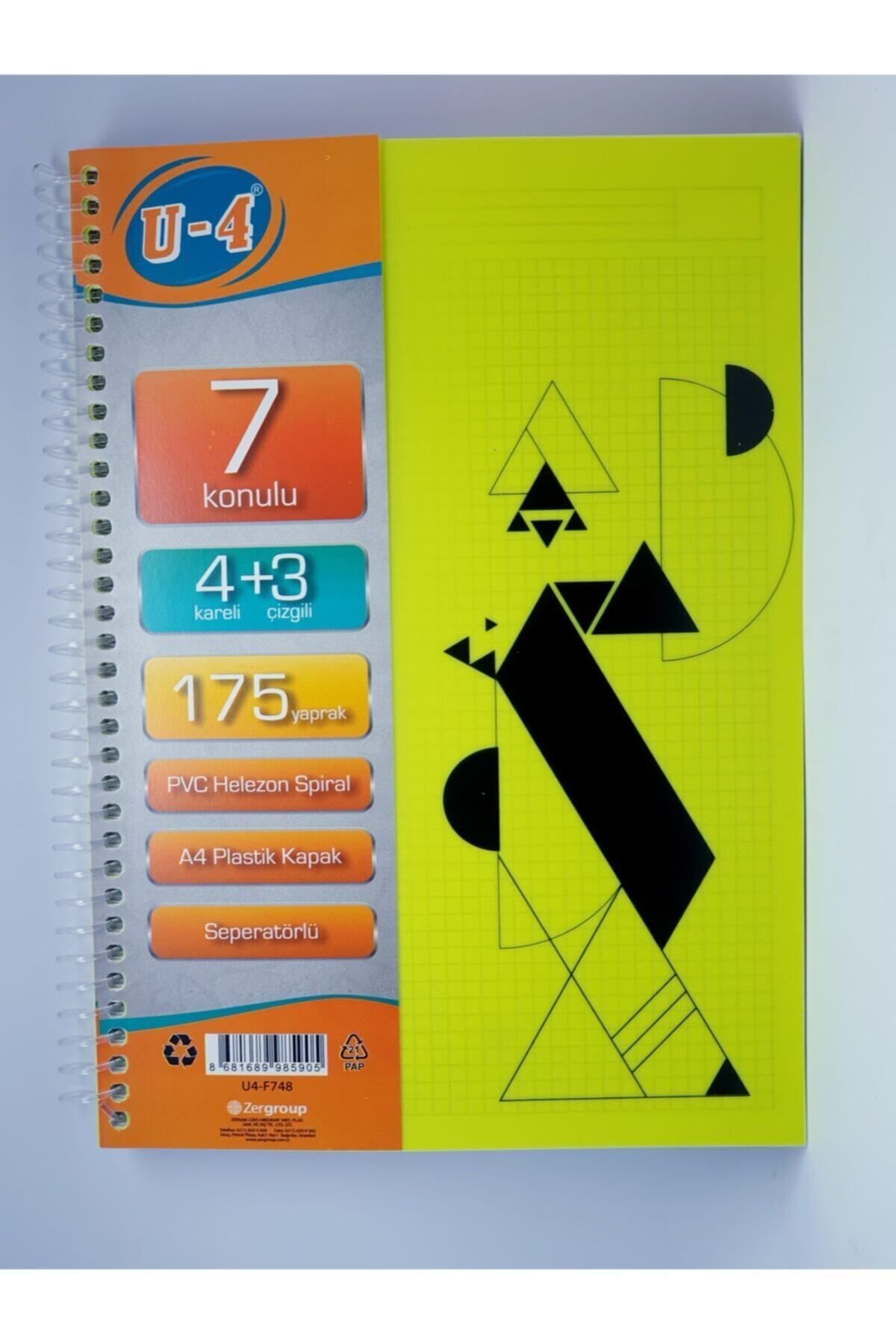 Tokaç-U4 4+3 Section 175 Sheets A4 With Sipral Bookmark Notebook Hard Cover 4 Check 3 Line Multi-Notebook 2