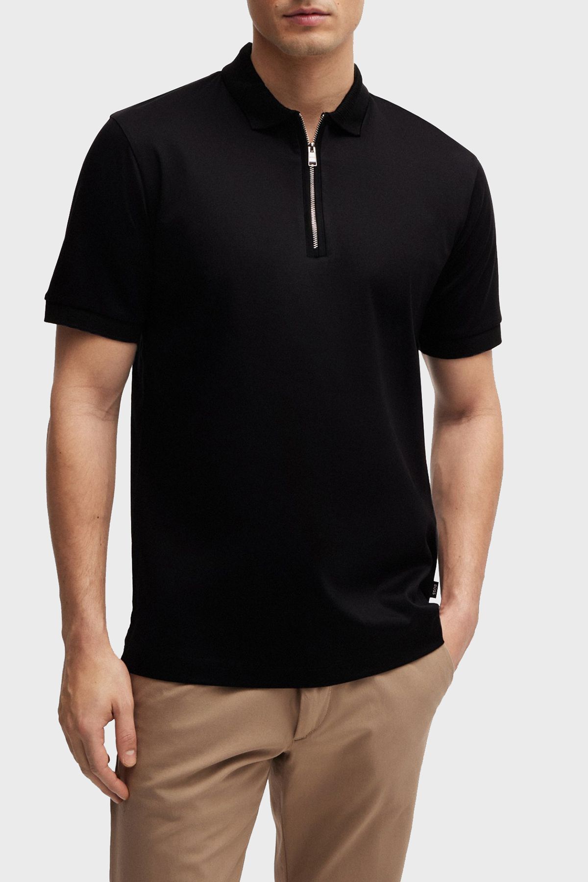 تی شرت یقه پولو مشکی مردانه پنبه اسکینی فیت Zipper Polo Yaka Tring 's 001 BOSS