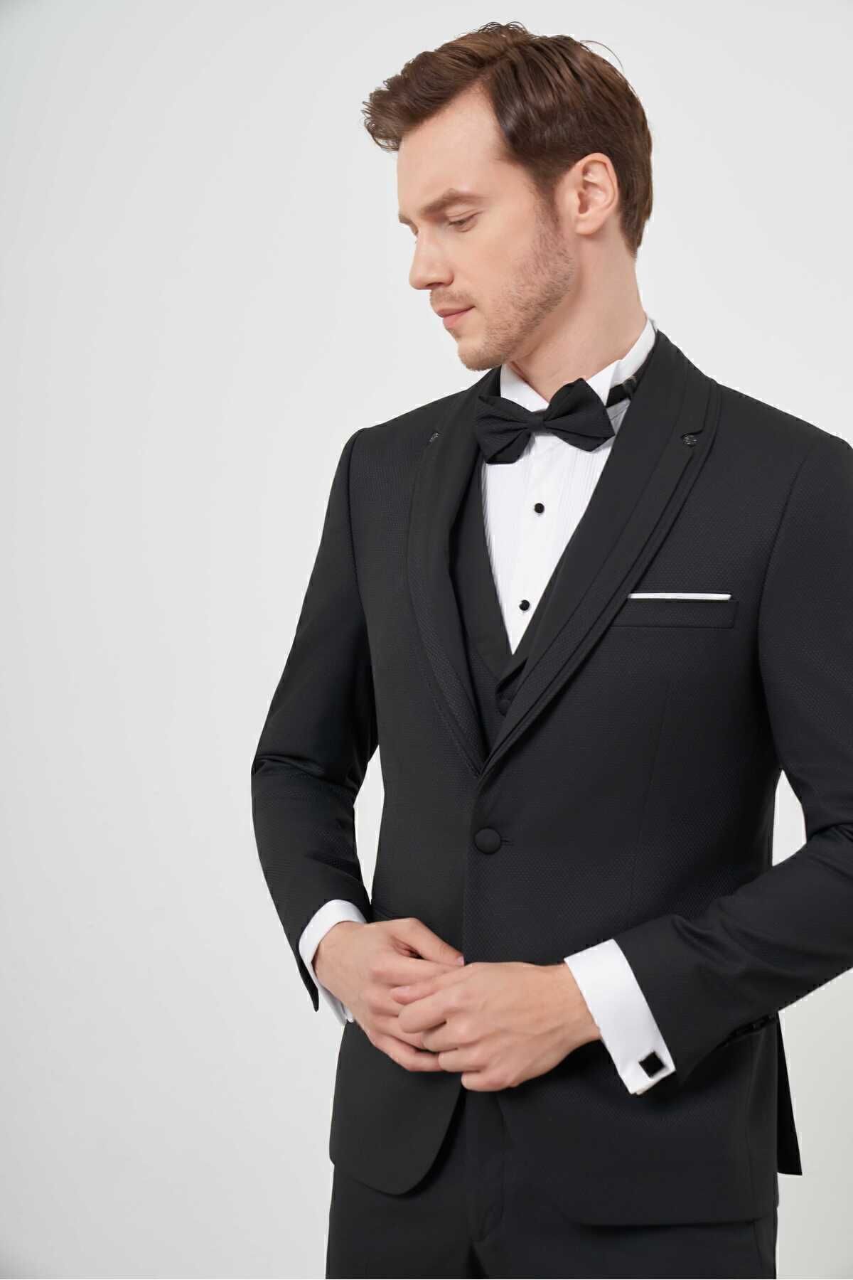 اسموکینگ مشکی مردانه الگوی سیاه و سفید SLIM FIT Morven