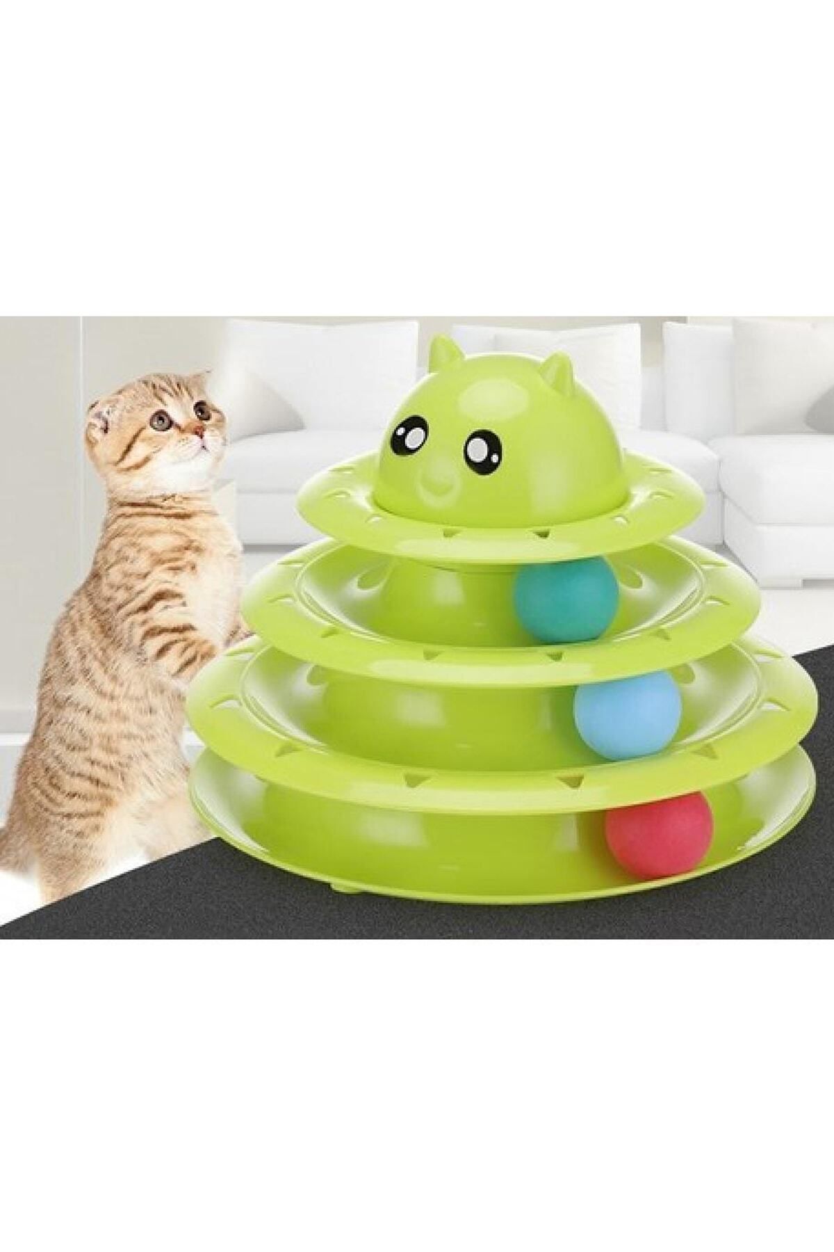 Bundera-3 Tiers Cat Toy with Cat Head, Movable Rotating Ball Tower Pet Activity Non-Slip Anti-Tipping 3