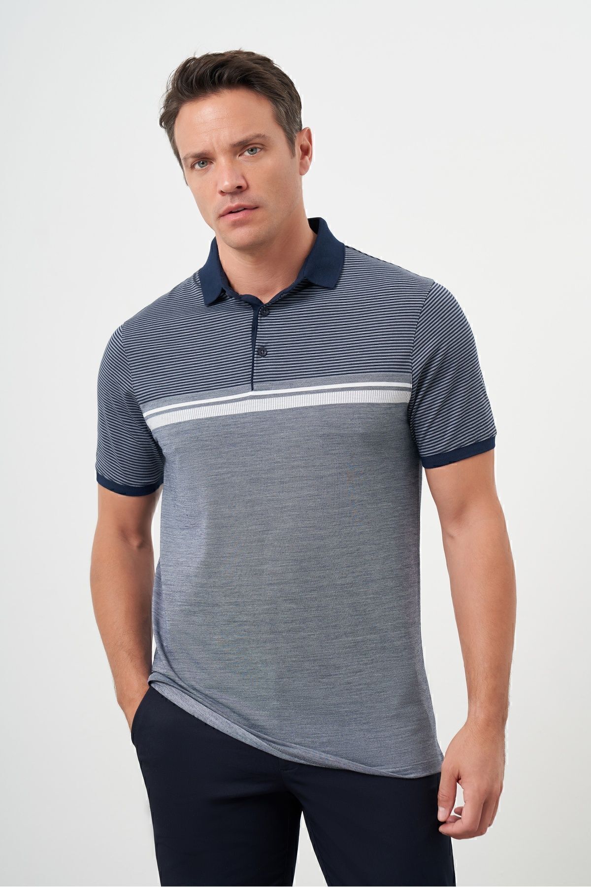 Morven-Men's Navy Blue Trend Striped Polo Neck Dynamic Fit T-Shirt 2