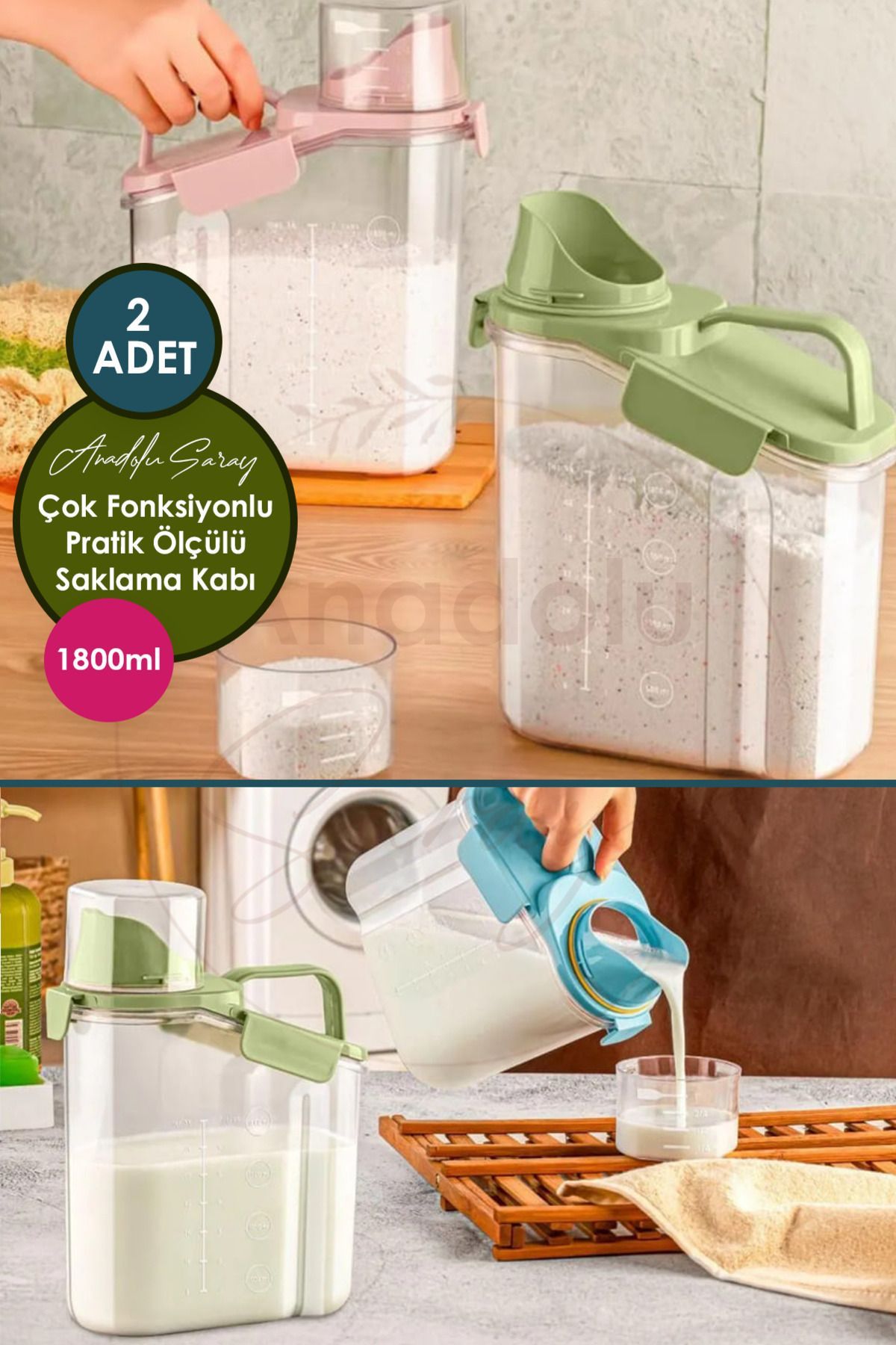 Anadolu Saray-2-Piece Detergent Holder Storage Set with 1800ml Capacity - Practical Measure Cover and Multifunctional 1
