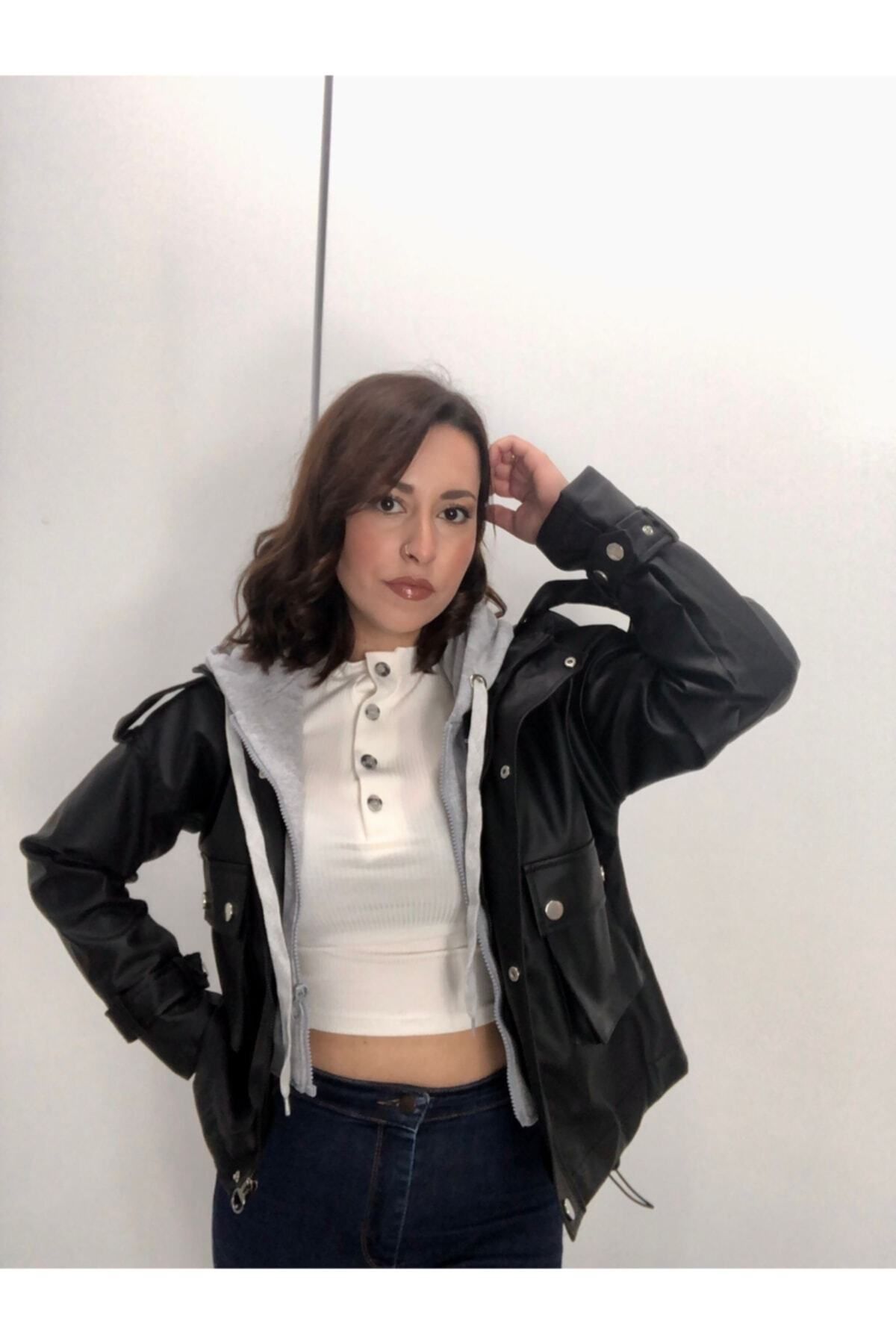 ildanwomen-Coole graue Lederjacke mit Kapuze für Damen 2