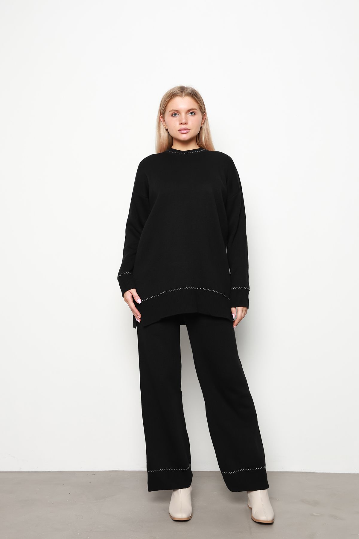 Double Knitwear Set with Collar and Hem Detail Black