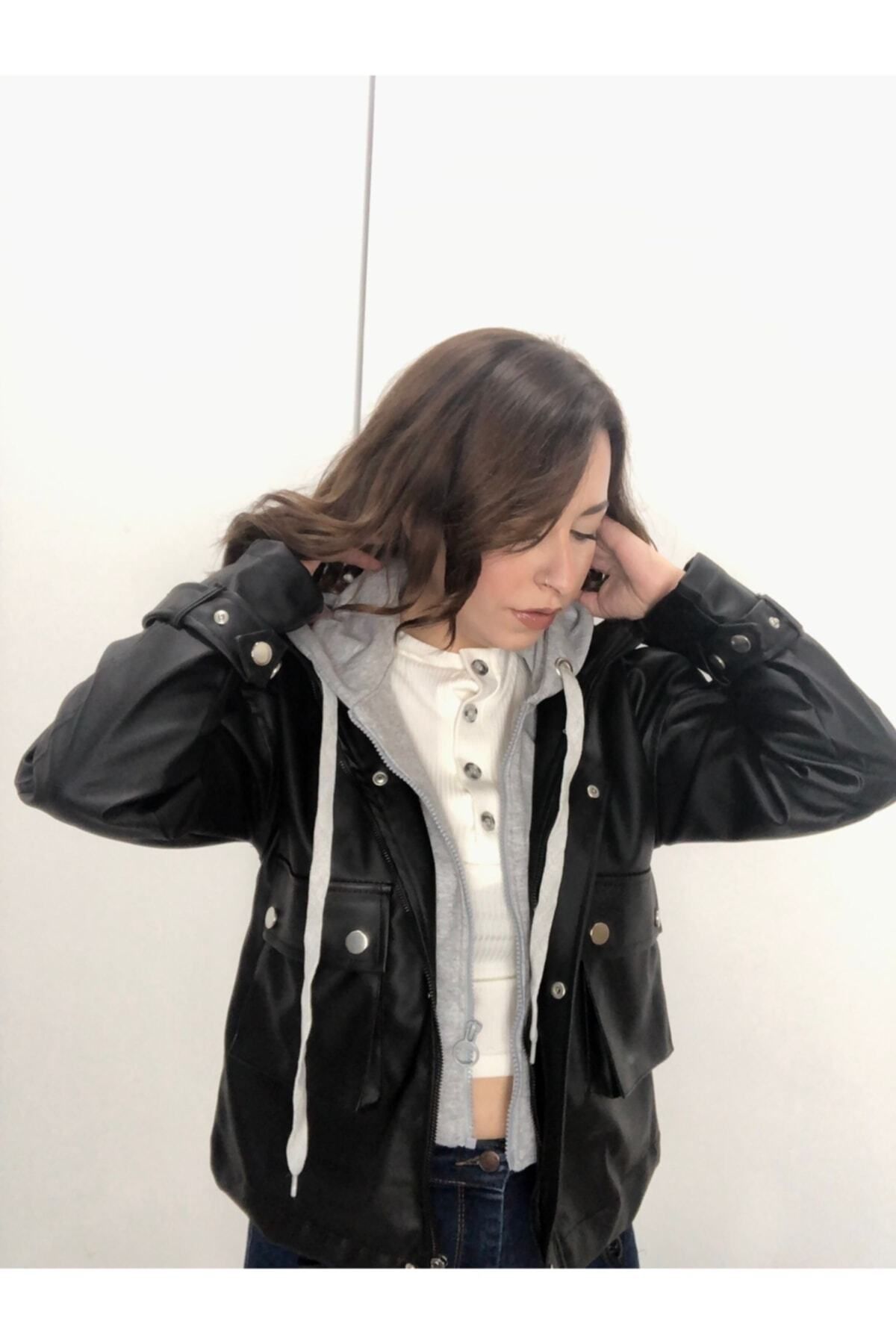 ildanwomen-Coole graue Lederjacke mit Kapuze für Damen 3
