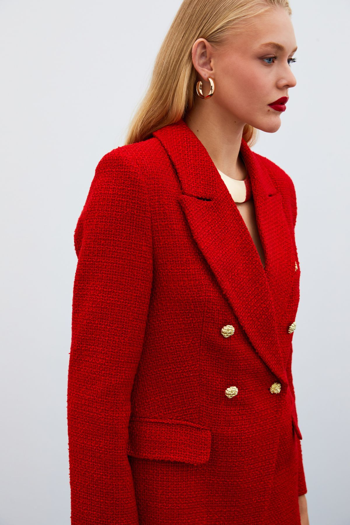 Sateen-Red Tweed Jacket - Button Detailed 5