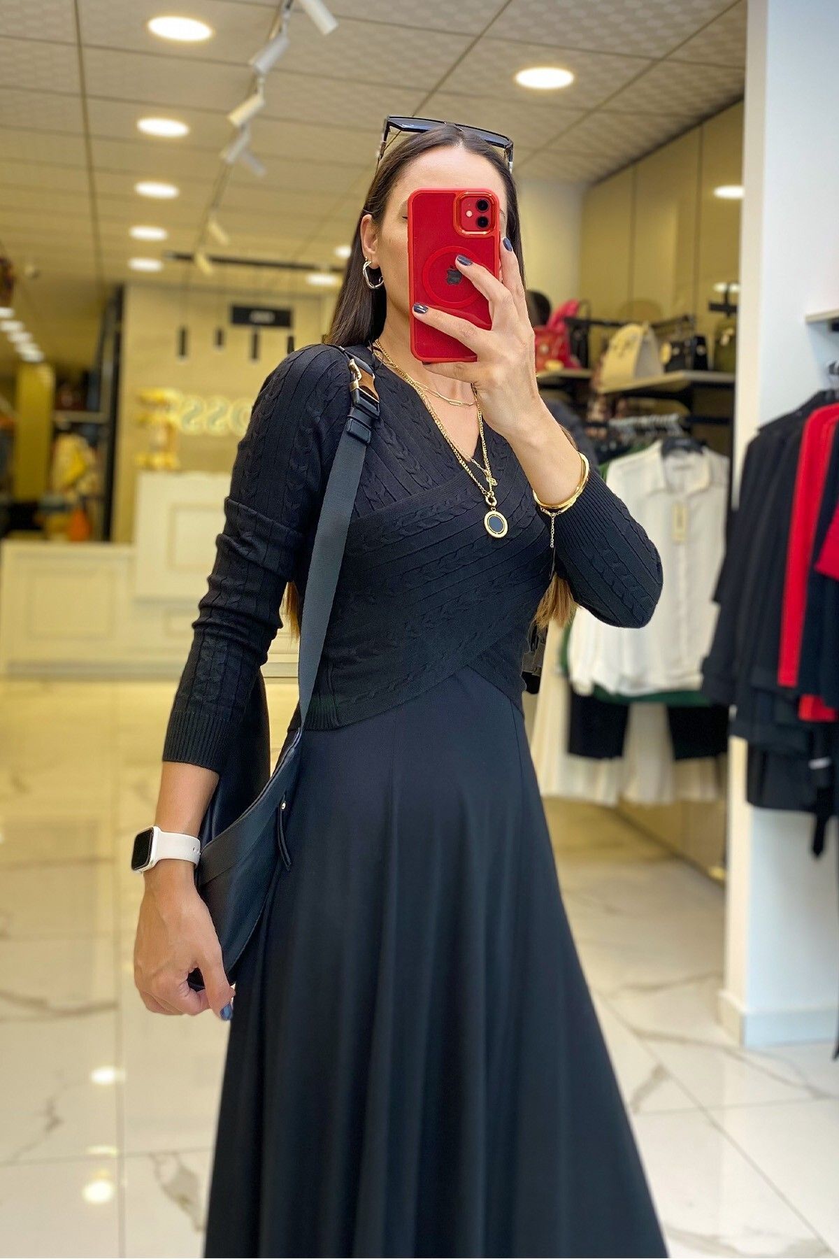 پلیور سیاه زنانه لباس در مد و سفید نیت بافتنی آستین بلند اورجینال Vosse