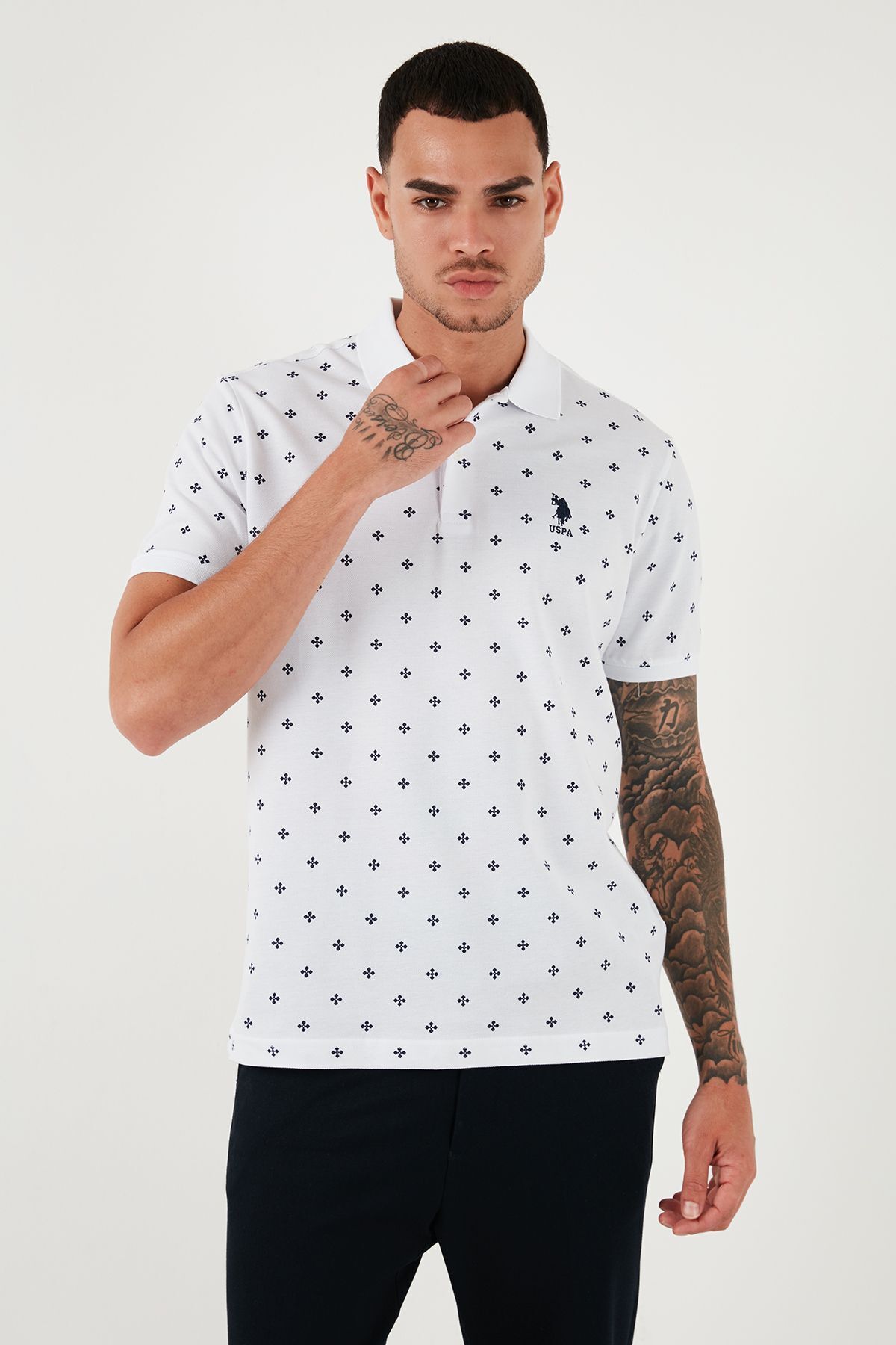 تی شرت یقه پولو سفید مردانه پایه پنبه چوگان به طور منظم تناسب YAKA U.S. Polo Assn.