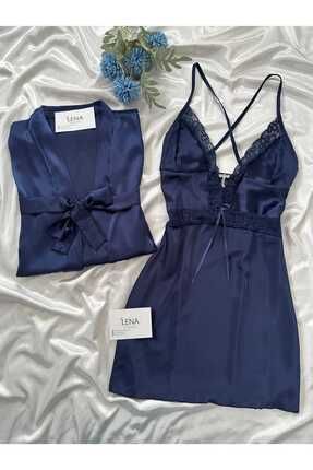 Lena Homewears Saten İkili Lacivert Gecelik Sabahlik Seti
