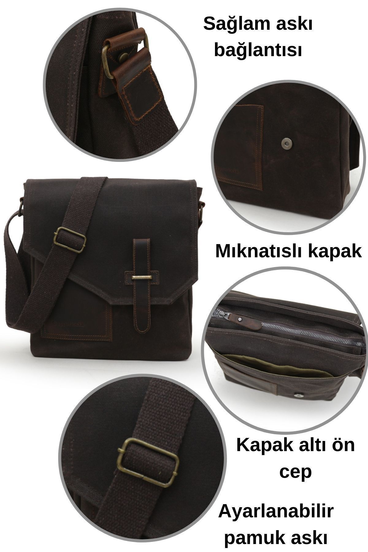 Cappadocia Vintage  Hakiki Deri 4035 Teos Acı Kahve Suya Dayanıklı Postacı Omuz Mumlu Kanvas Laptop Okul Çantası - Görsel 2