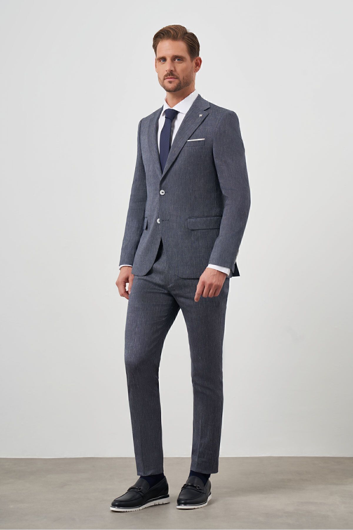 costume slim à motifs en lin bleu marine pour hommes
