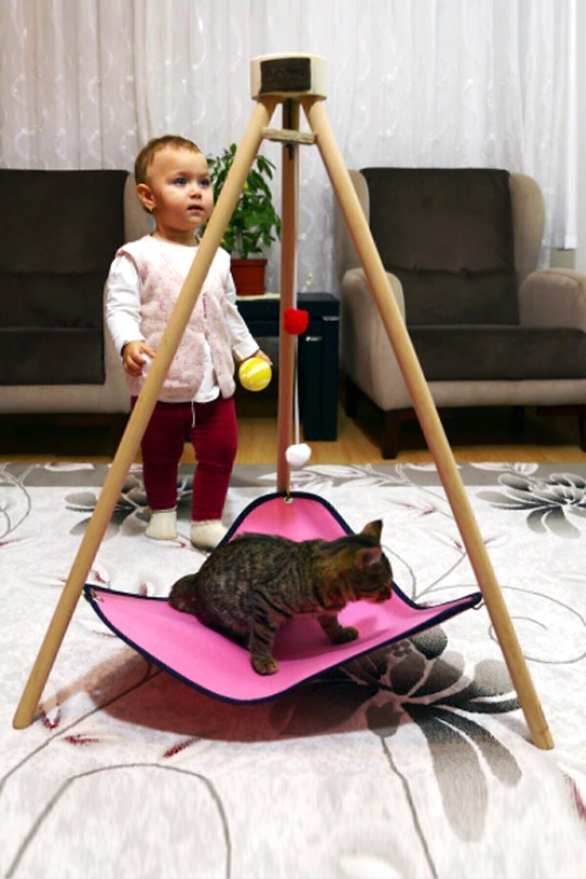 Bundeba-Pyramid Cat Bed Hammock House Wooden Tripod Pet Hammock Swing Dog Bed Cat Scratching 2