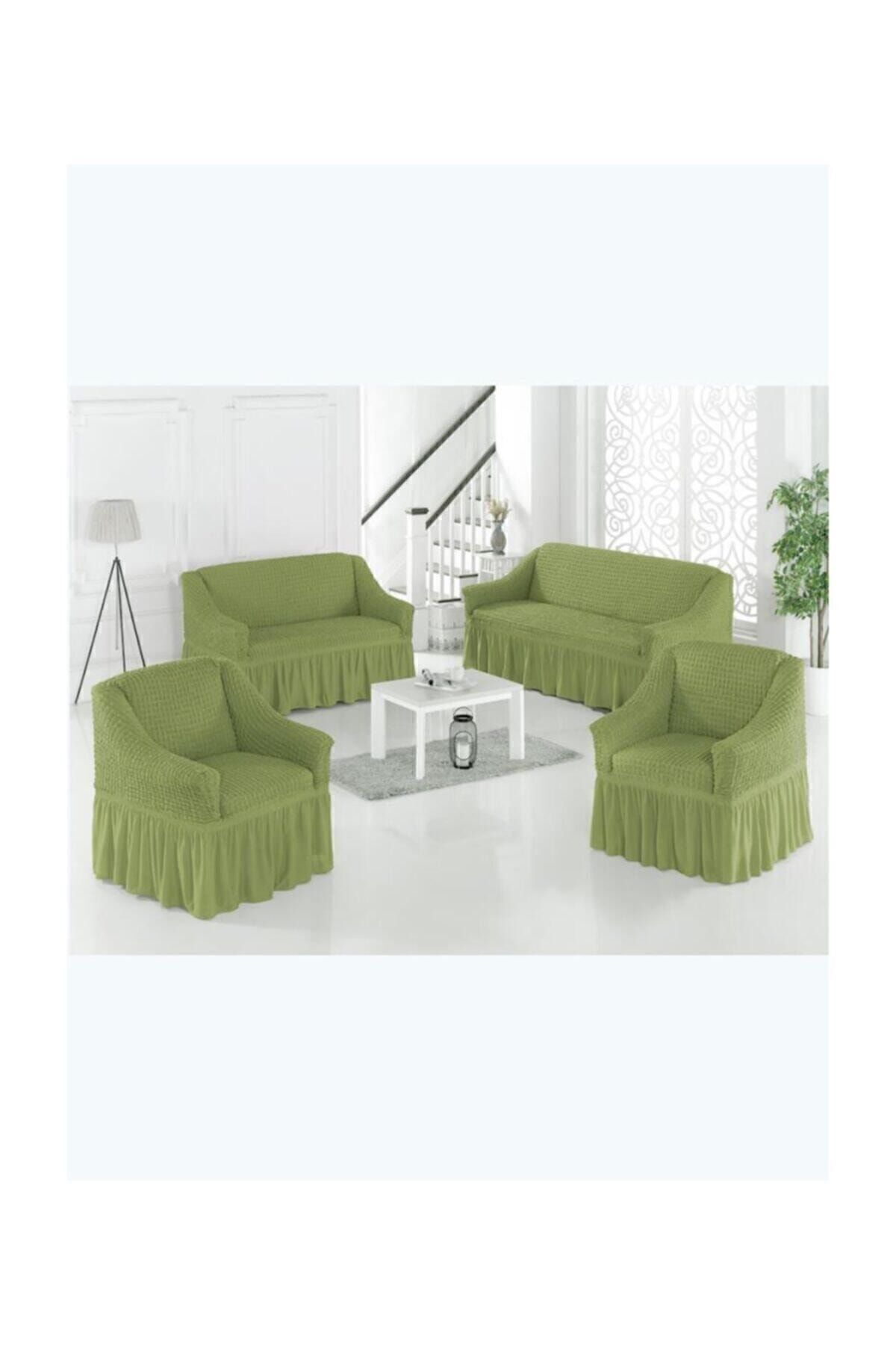 روکش مبل سفید پنبه 3+2+1+1 صندلی سبز Karna Home