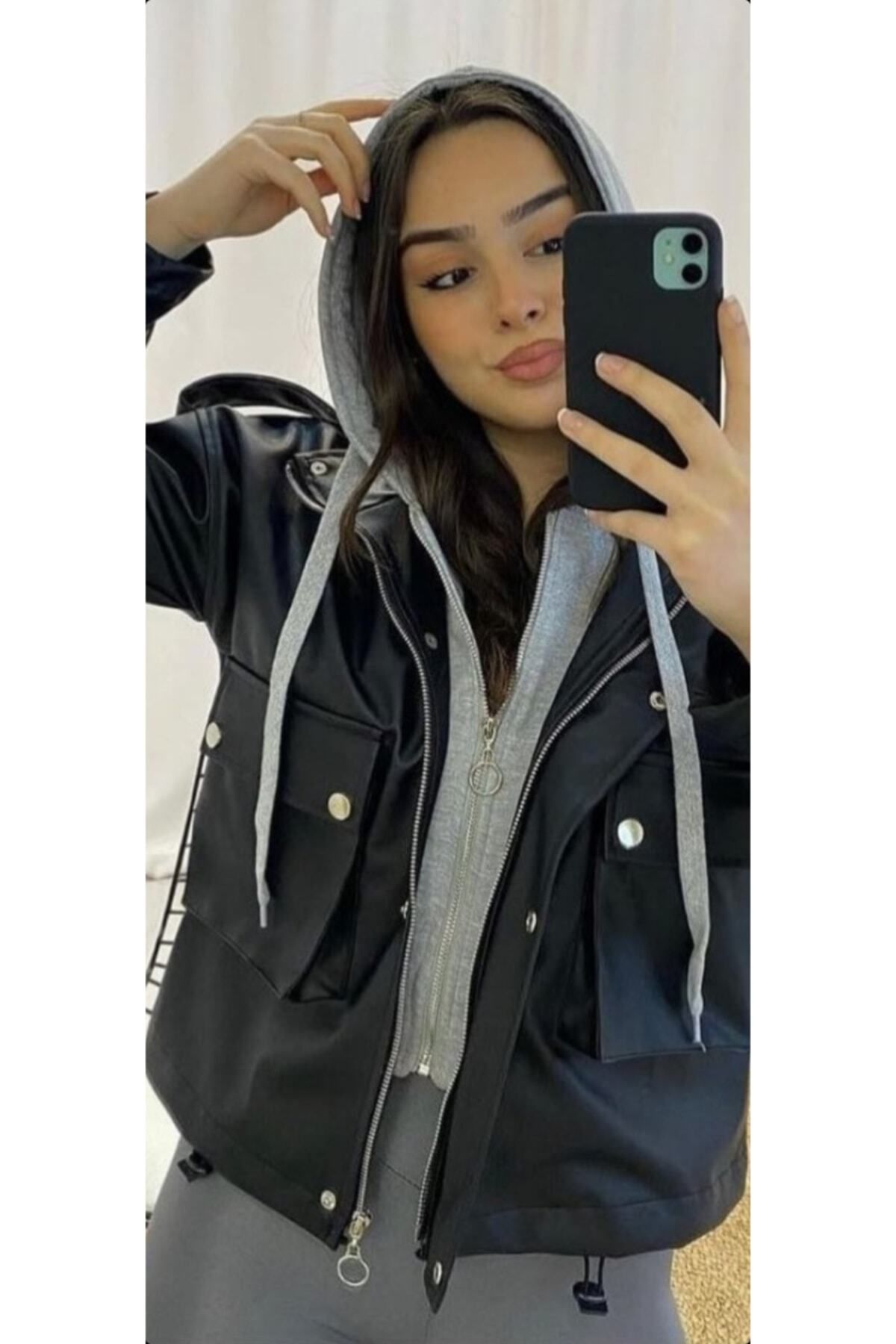 ildanwomen-Coole graue Lederjacke mit Kapuze für Damen 7