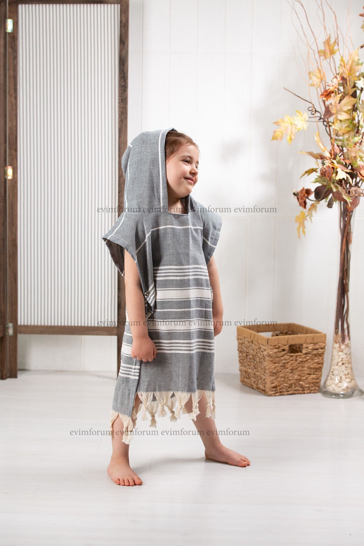 Formeya Dziecięce Ponczo Ze 100% Bawełny, Ręcznik Plażowy Peshtemal, Szary Unisex - 7–8 years