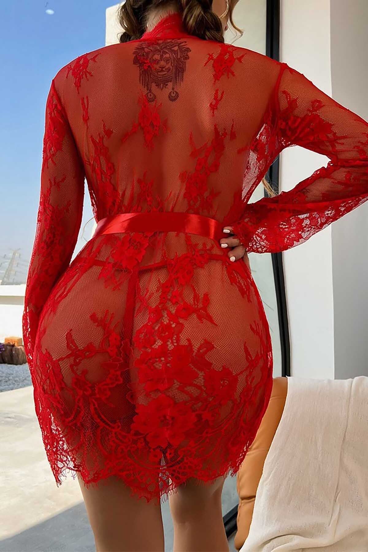 Merry See-Lace Red Dressing Gown Set 4