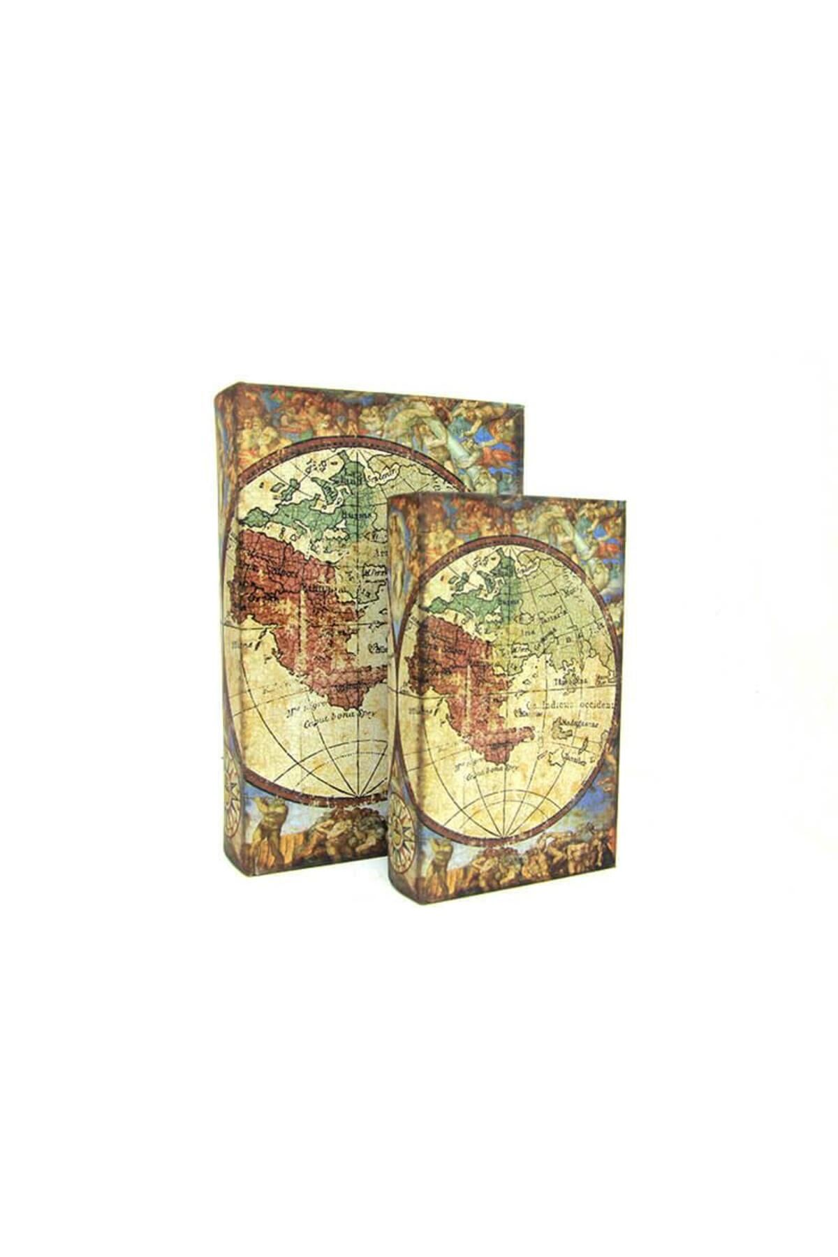 LiderGlobal Kutu Kitap Harita 2'li Set Kitap Kutusu Dekoratif Hediyelik