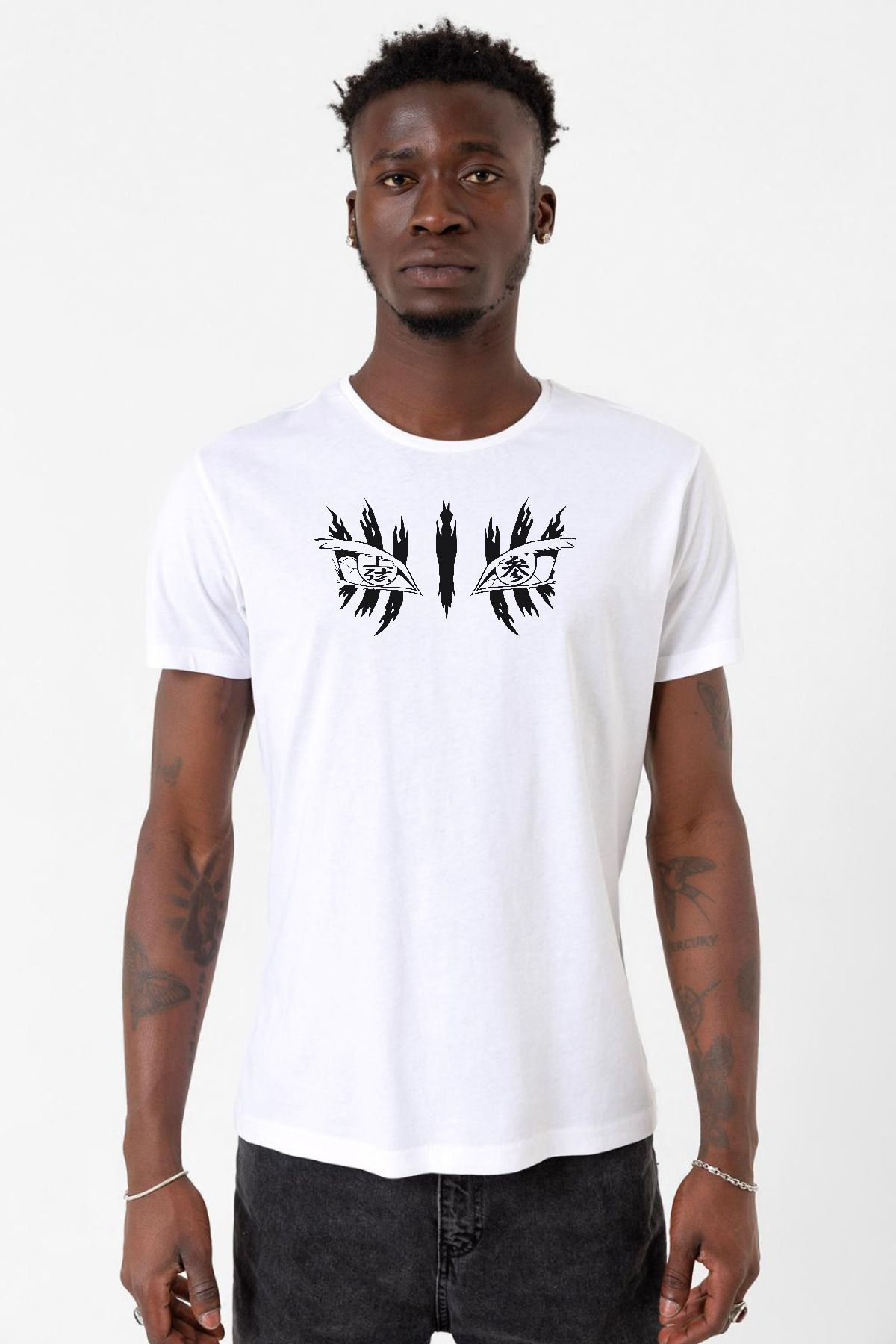 Tshirthane-Demon Slayer Anime Upper Moon Demon Eyes White Men's Bike Collar T-shirt 1