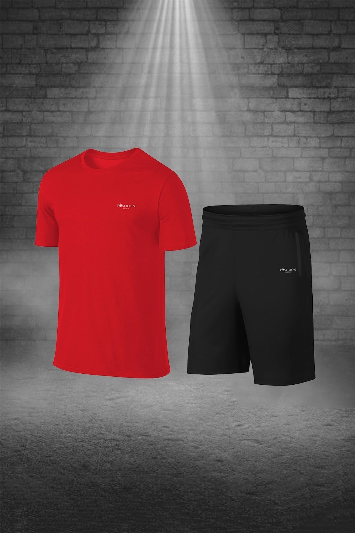 پوزایدون استورم ست تی‌شرت و شلوارک مردانه سایز بزرگ، آستین کوتاه یقه گرد بدون طرح و جیب قرمز Dri-Fit
