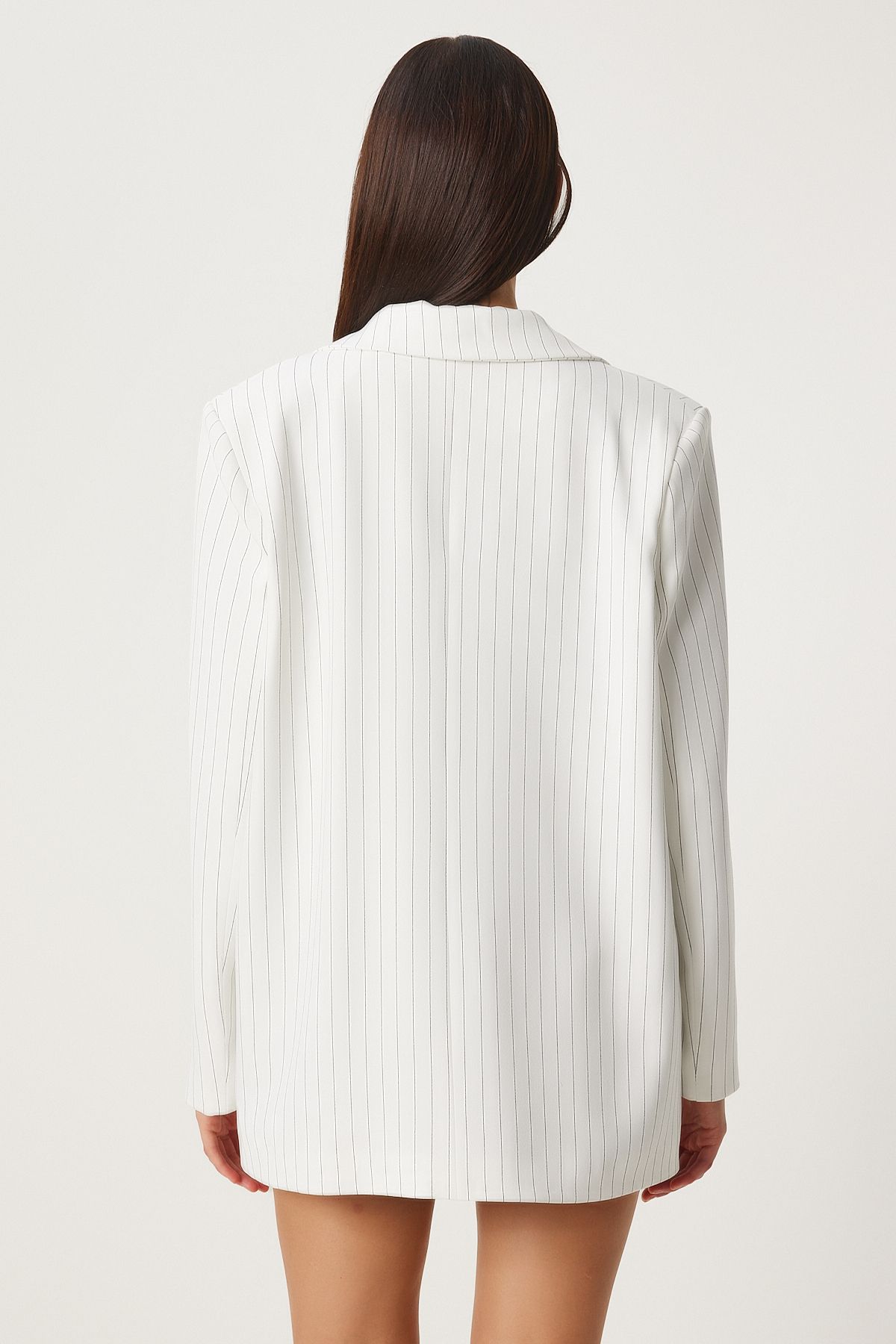 Lovelyİstanbul-Oversize Thin Striped Double Breasted Jacket - Padded, Ecru Lto0029 6